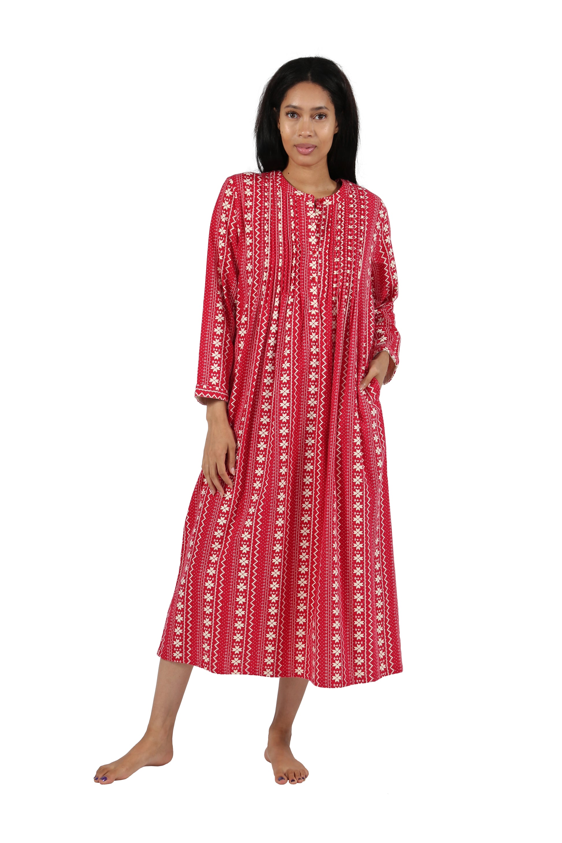 Printed Flannel Nightgown With Release Pleats - La Cera