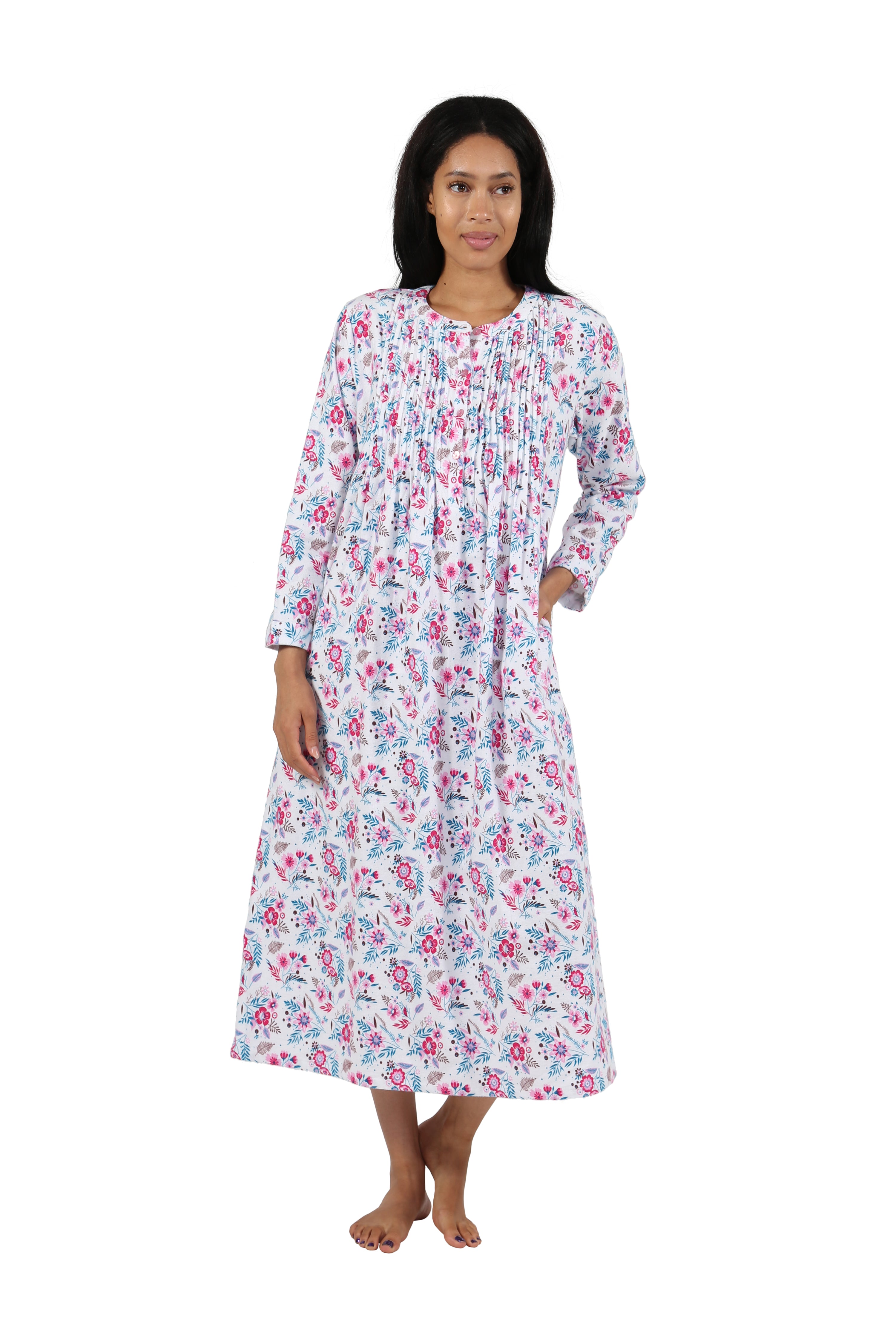 Print Flannel Nightgown With Release Pleats La Cera