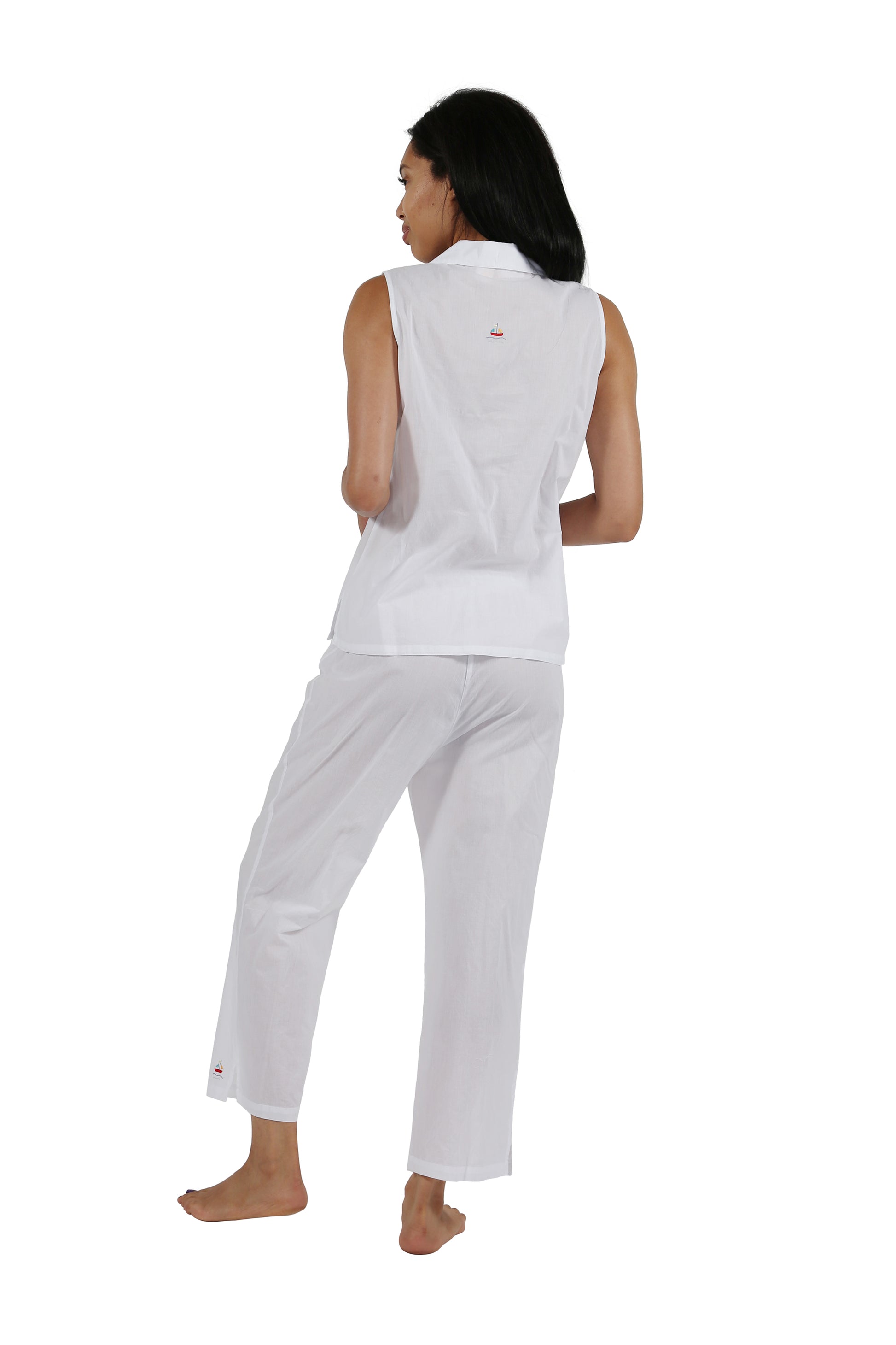 100% Cotton Sleeveless Embroidered Sailboat Capri Pajama Set - La Cera