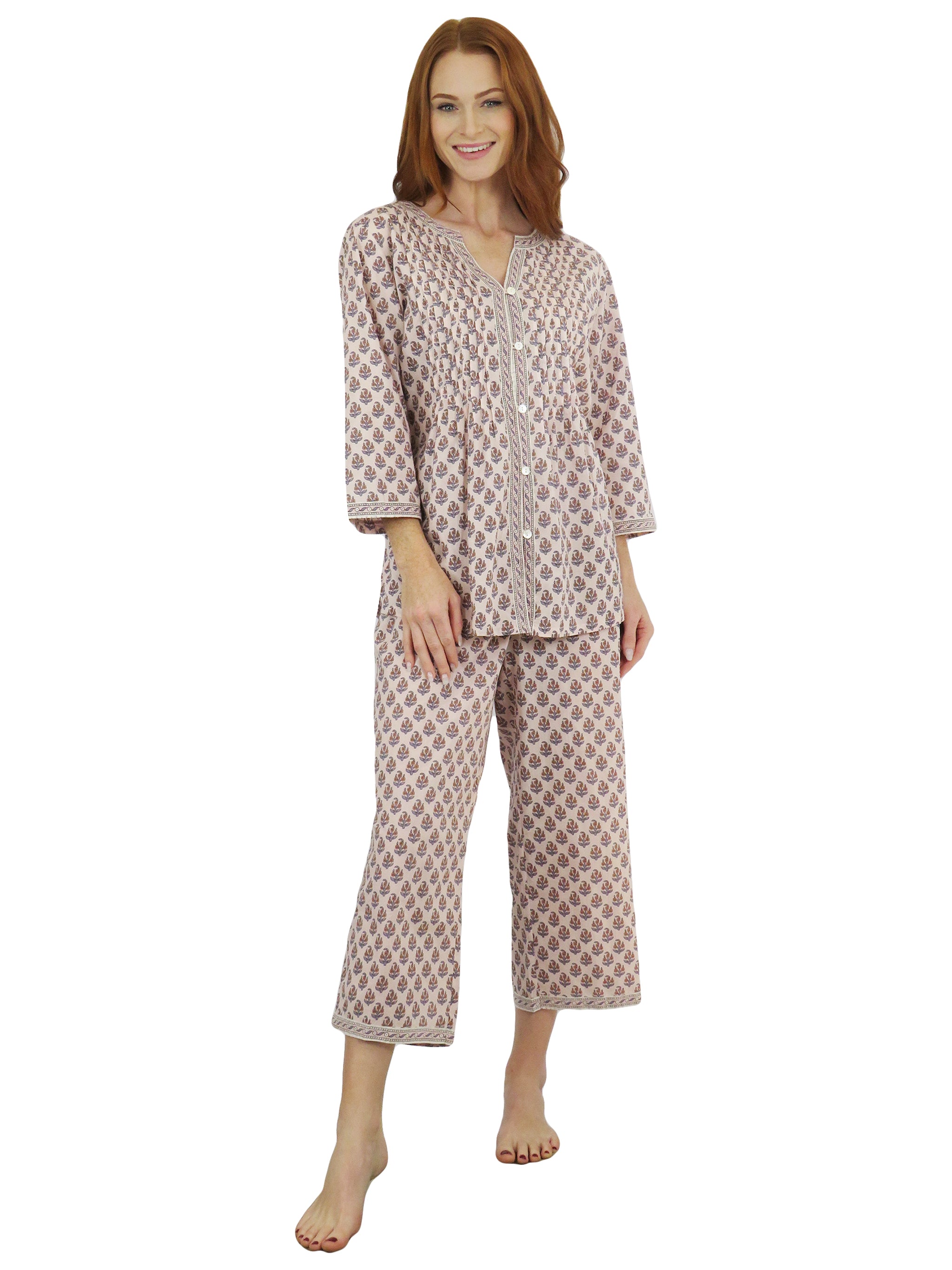La Cera Floral 3/4 Sleeve Pleat Front Capri Pajama Set