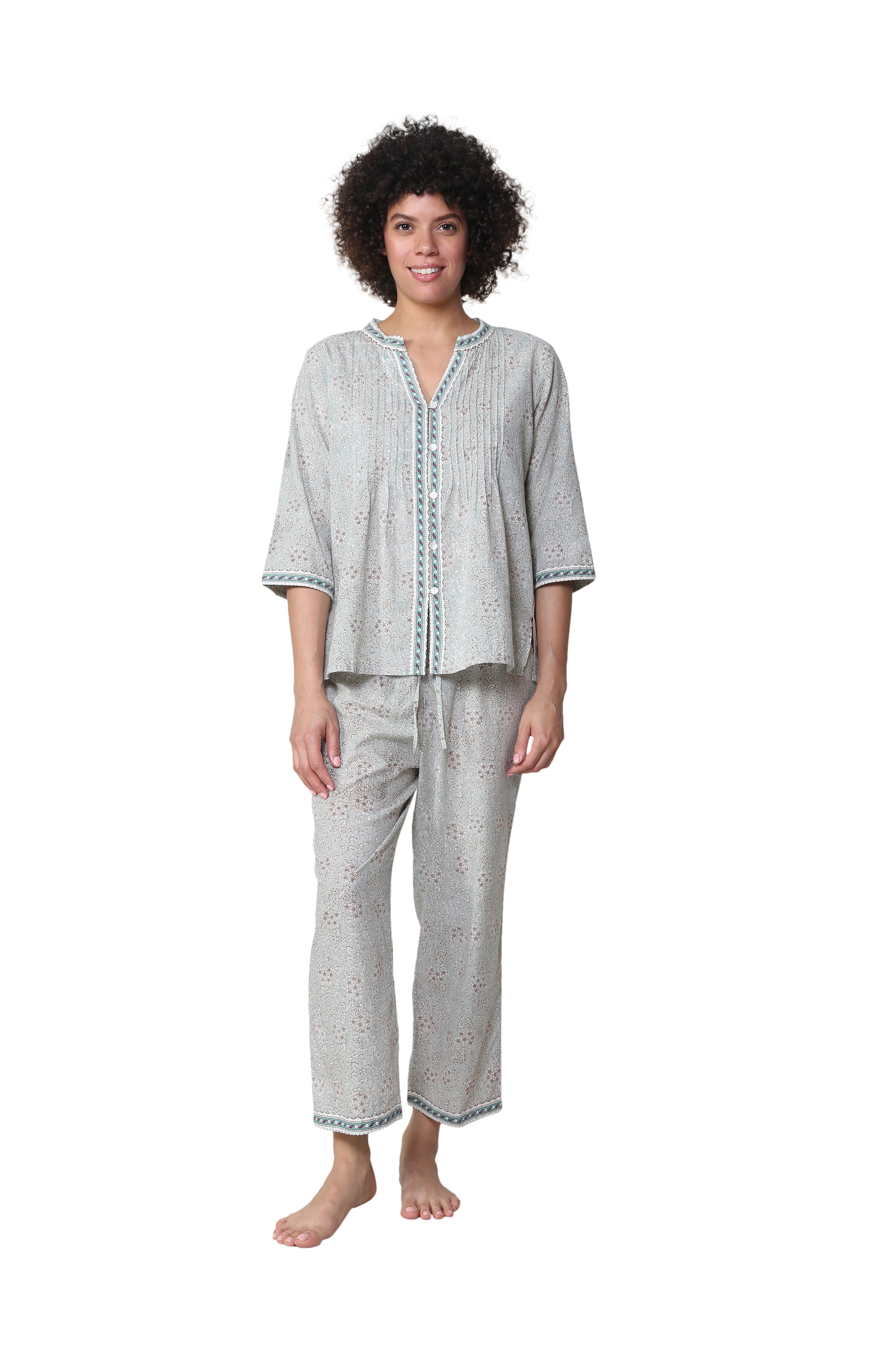 La Cera 3/4 Sleeve Pleat Front Capri Pajama Set – La Cera™