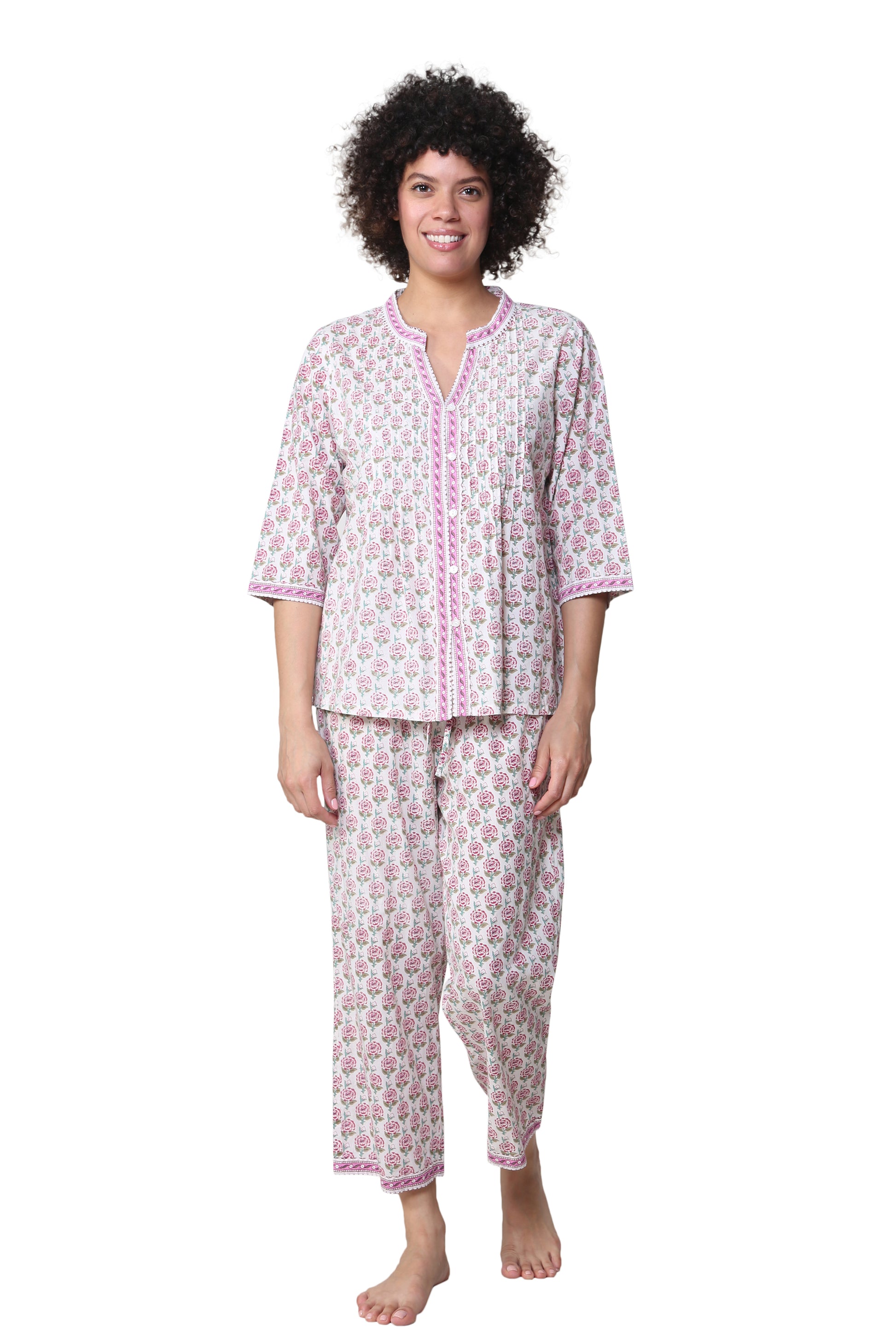 La Cera 3/4 Sleeve Pleat Front Capri Pajama Set - La Cera