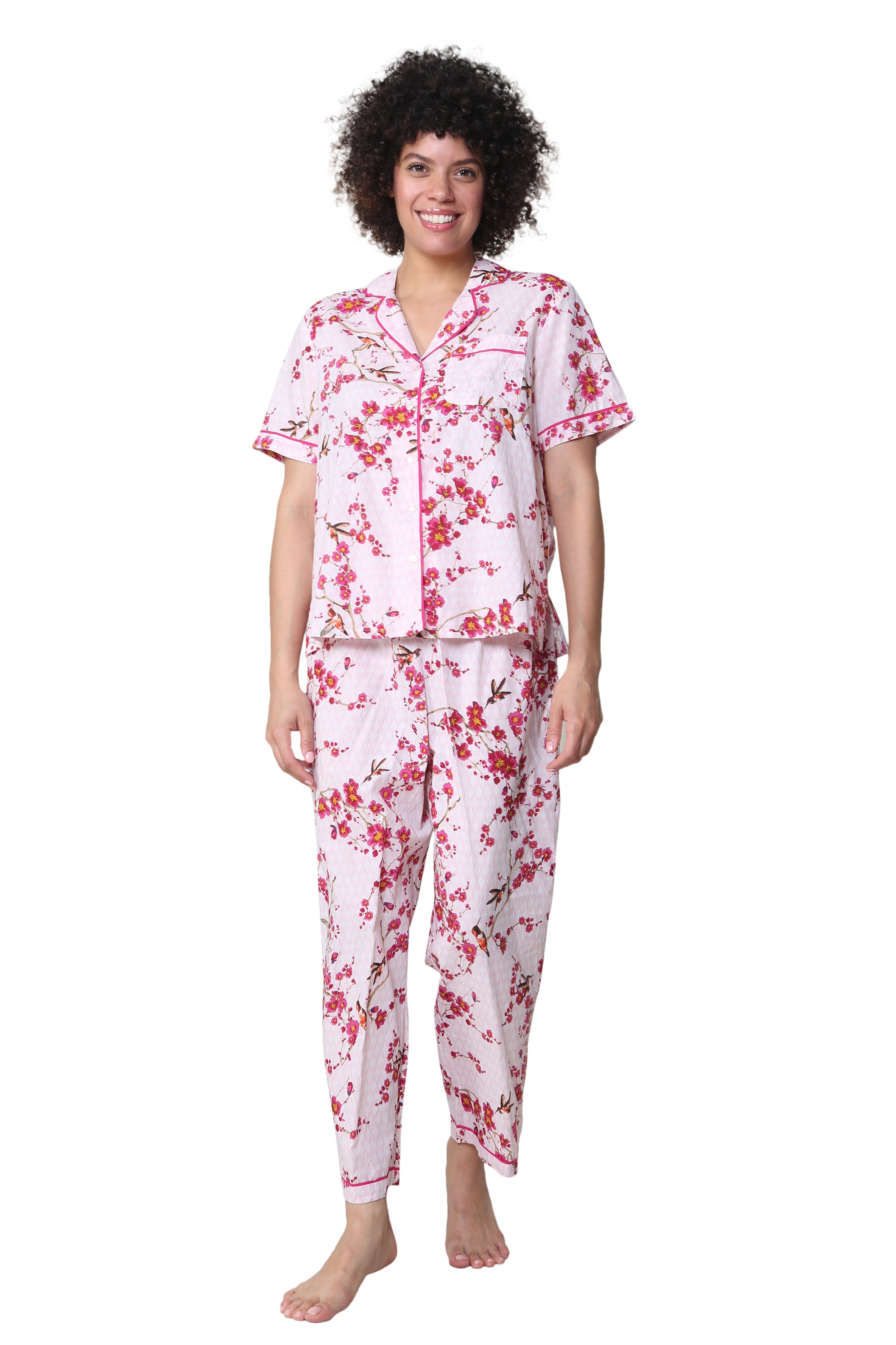 La Cera Cherry Blossom Floral Cotton Pajama Set - La Cera