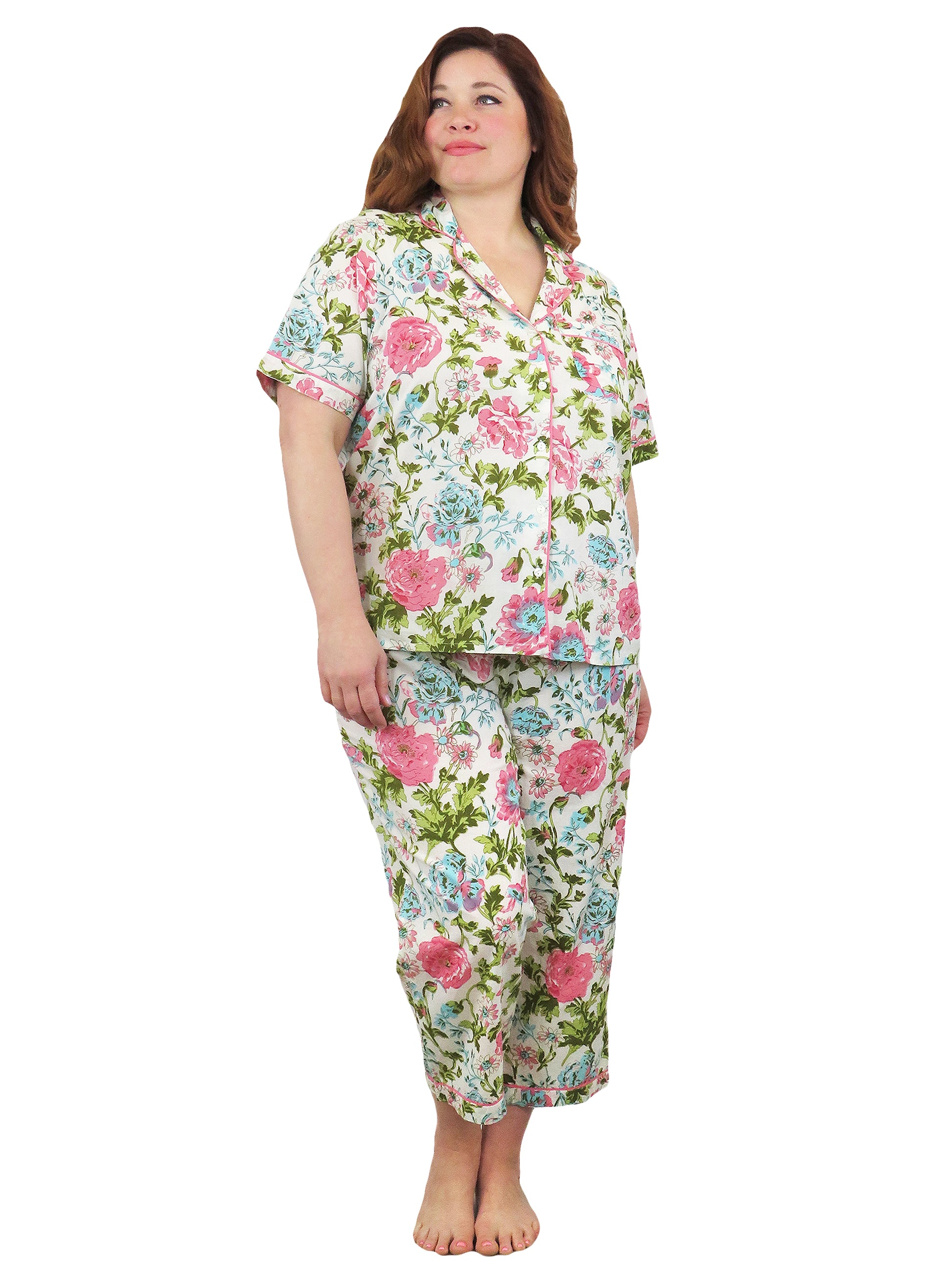La Cera Plus Size Short Sleeve English Garden Print Cotton Pajama Set - La Cera