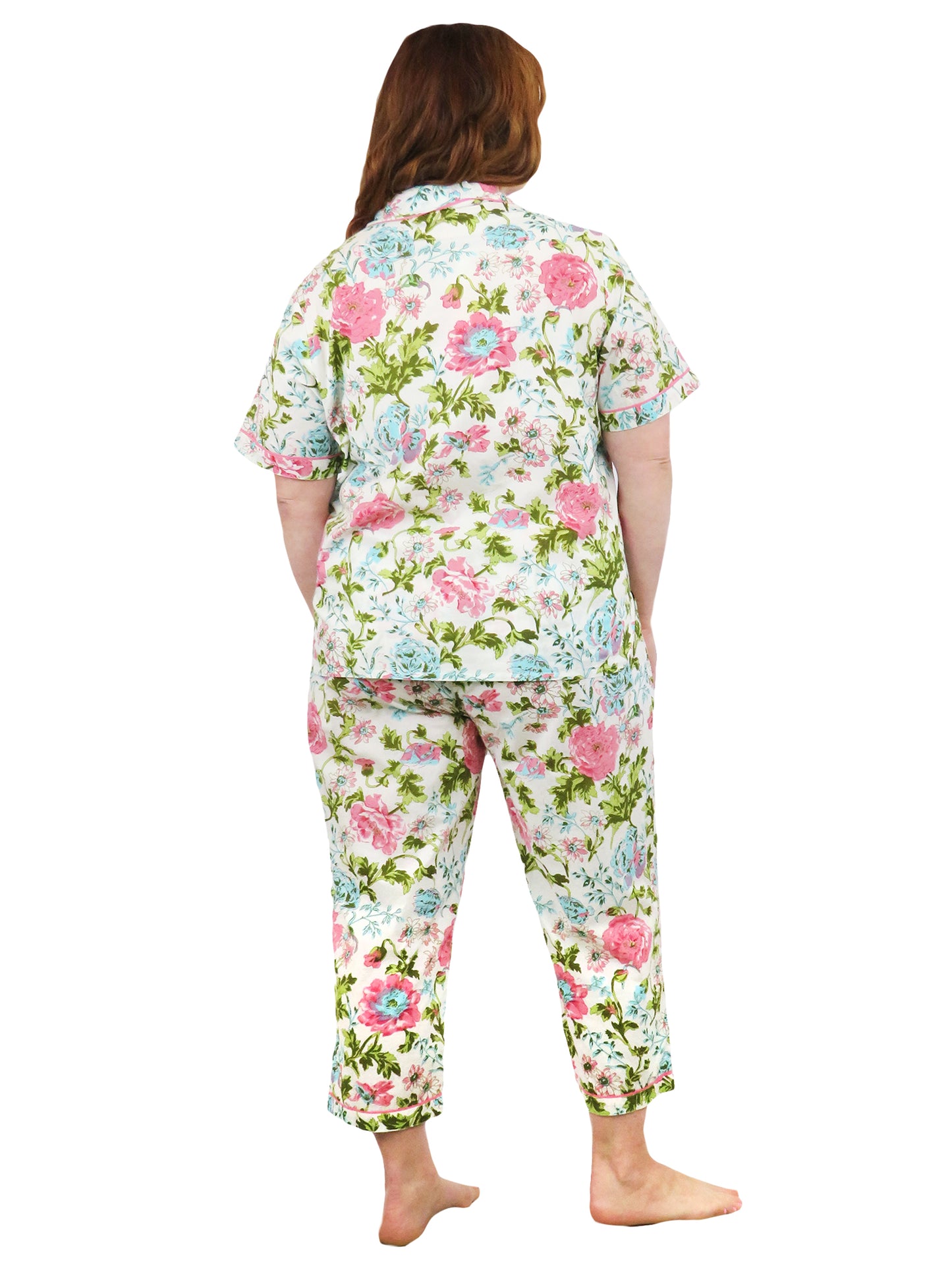 La Cera Plus Size Short Sleeve English Garden Print Cotton Pajama Set - La Cera
