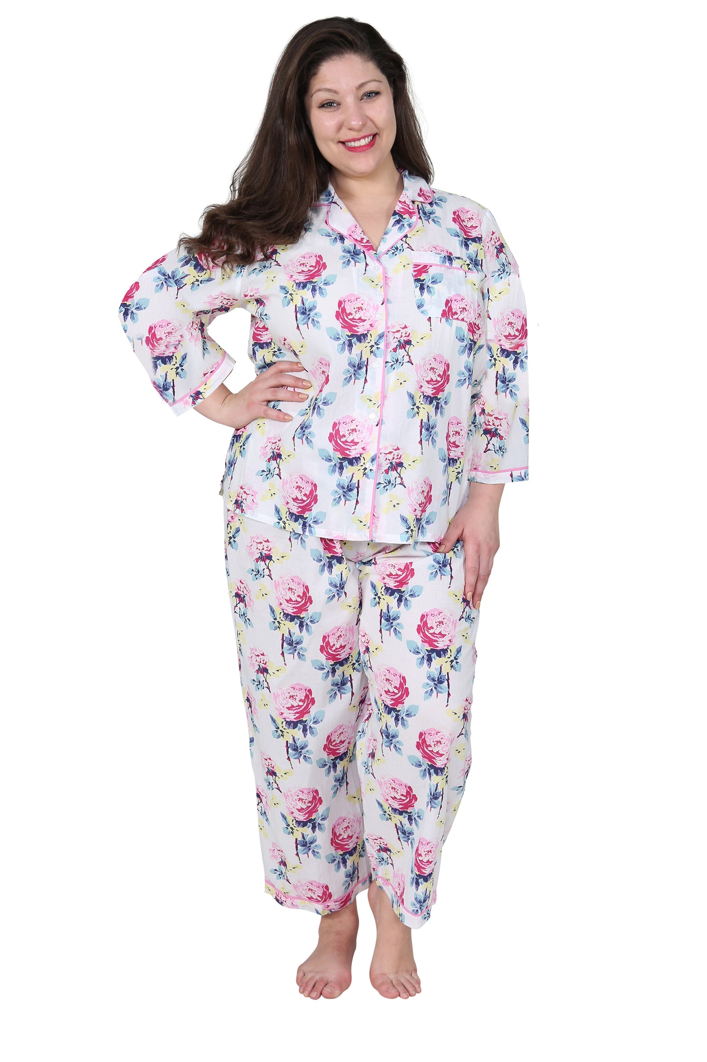 La Cera Floral Cotton Pajama Set  - Plus Size