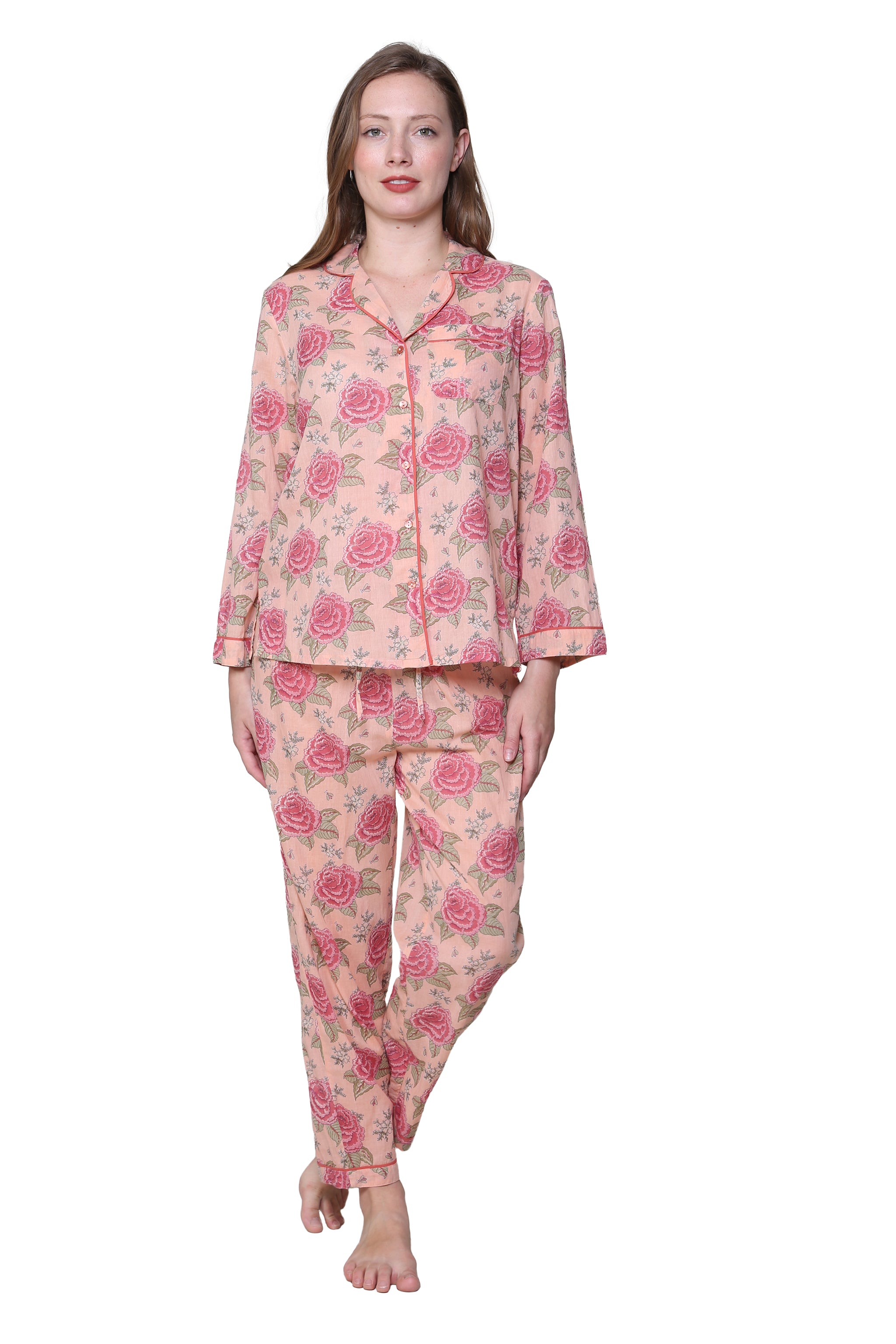 La Cera Cotton Pajama Set Peach - La Cera