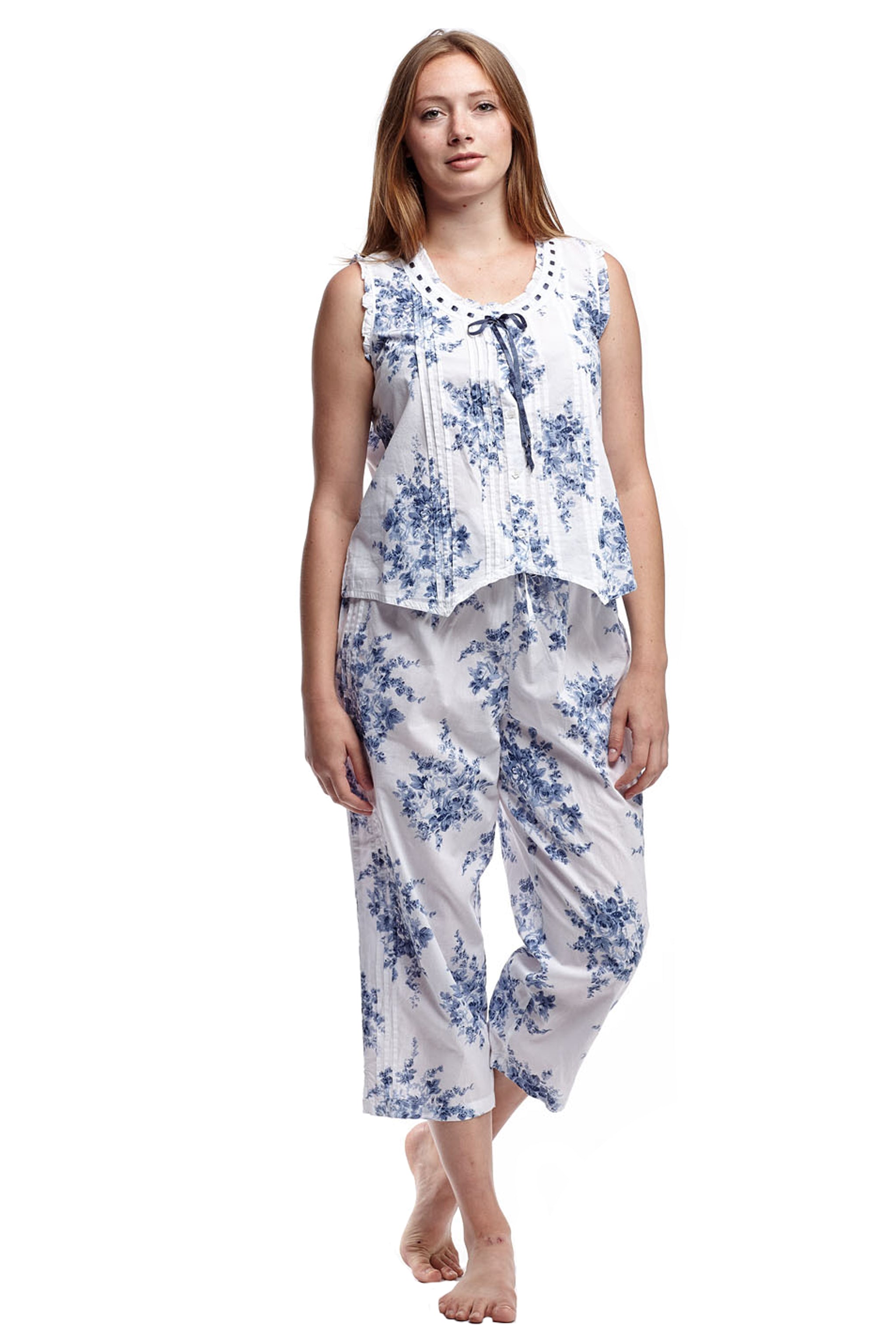 100% Cotton PJs-  Blue and White Floral Print - La Cera