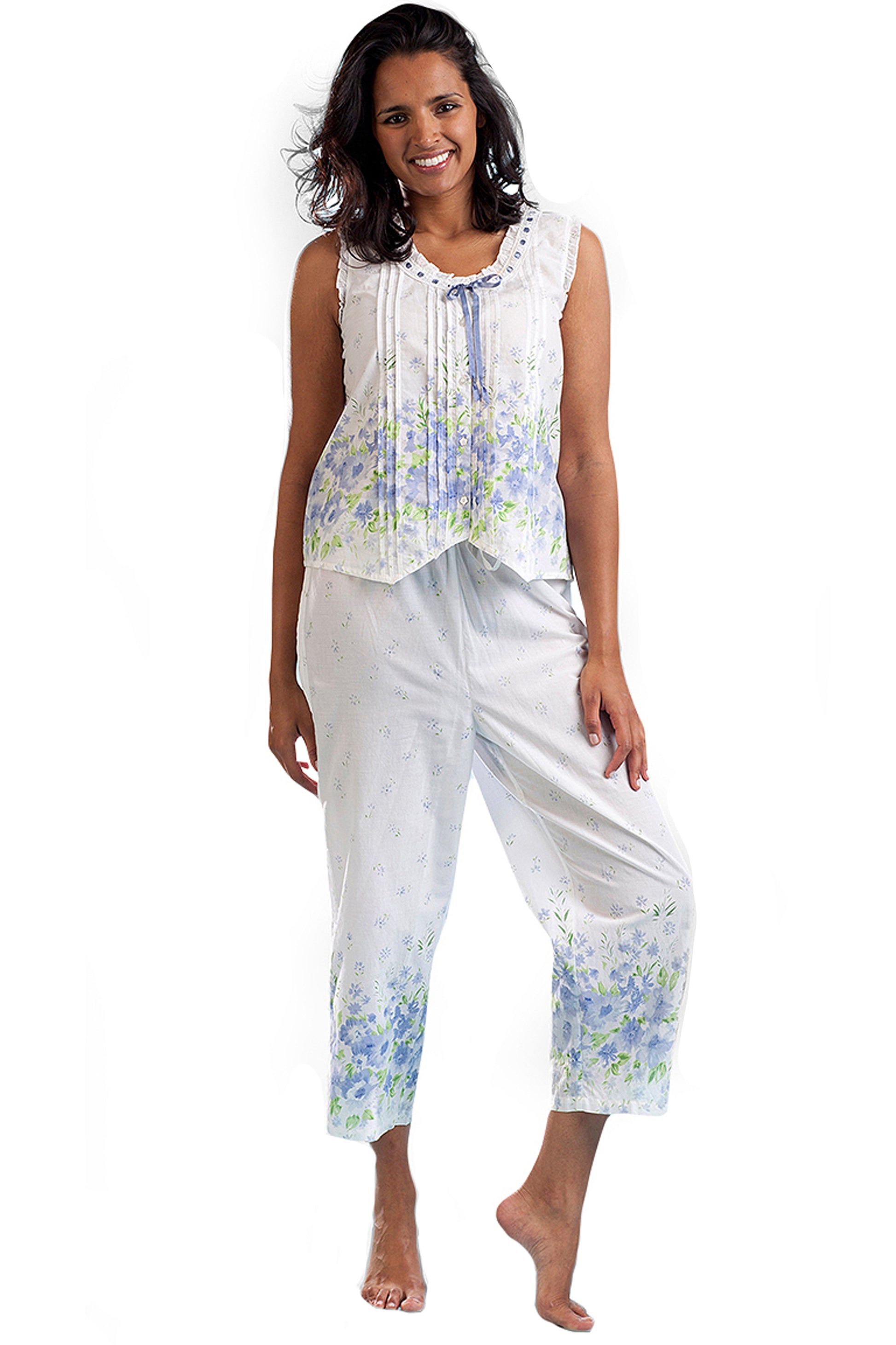 Border Print Sleeveless 100% Cotton Floral PJs - La Cera