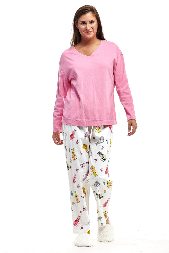Pink Flannel Cat Print Pajama Set - La Cera