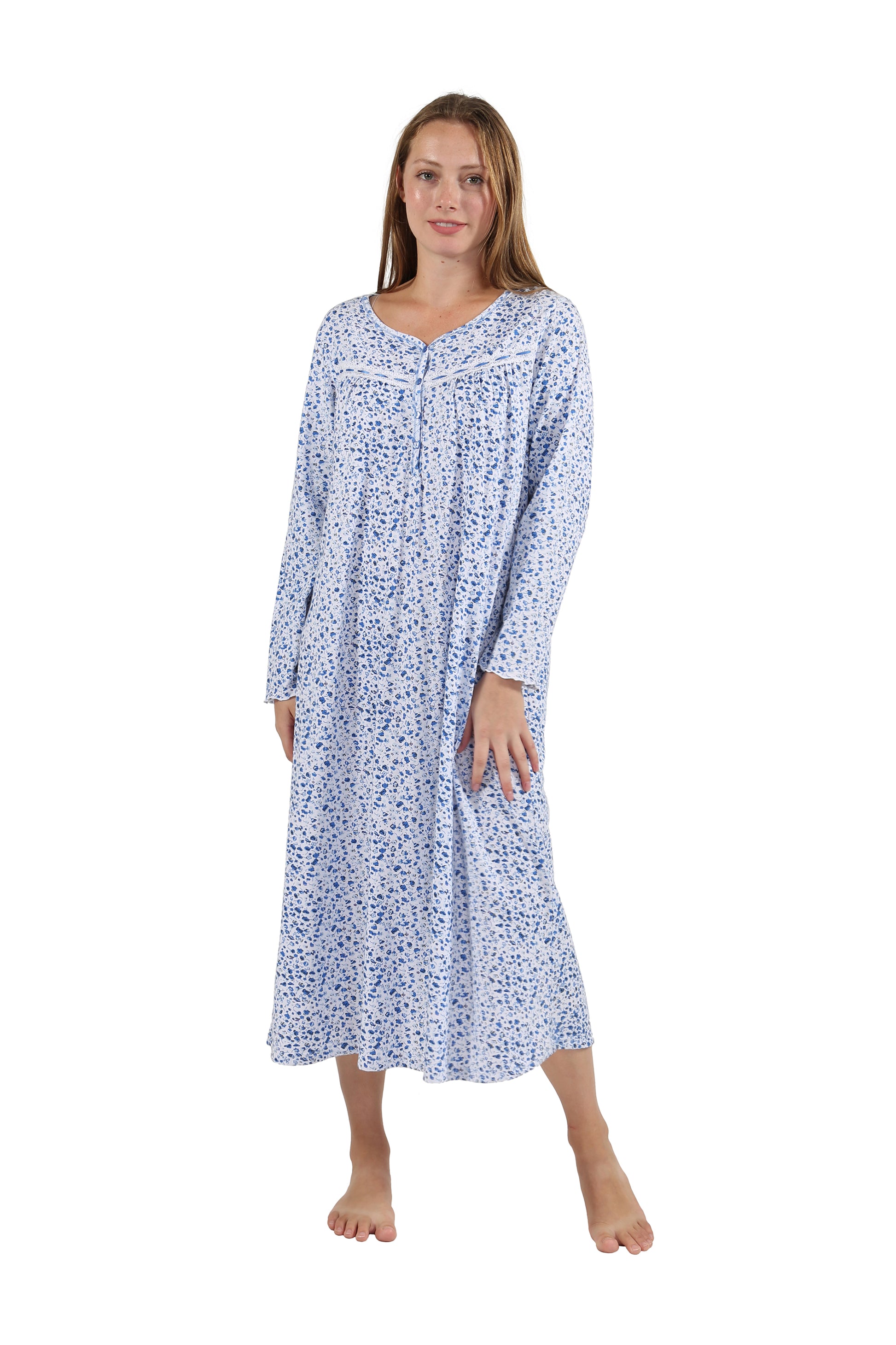Women's La Cera 1530 Cotton Knit Long Sleeve Nightgown (Blue/White Floral XL)