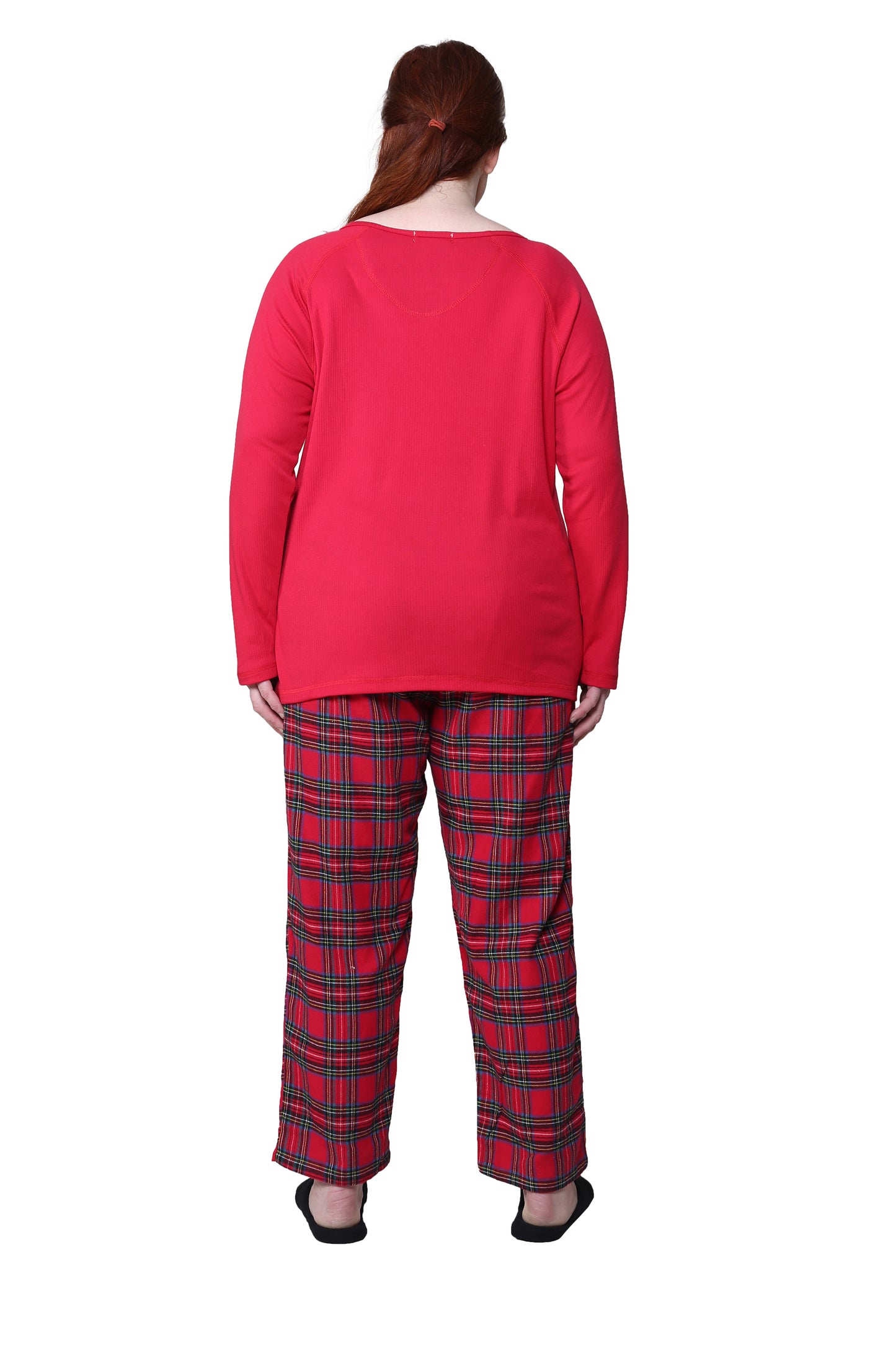 Cotton Knit Top With Flannel Pajama Set - Plus Size - La Cera