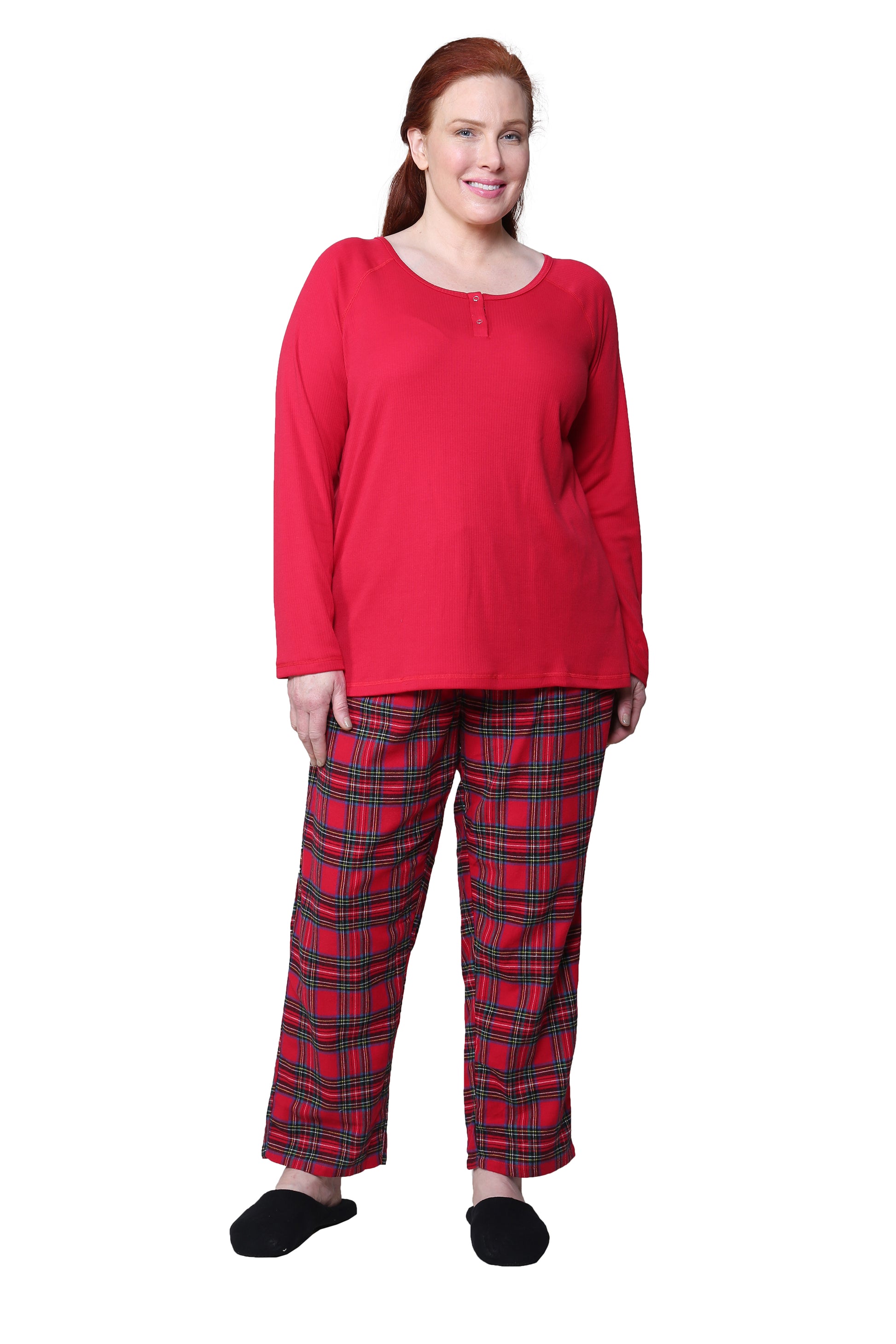 Cotton Knit Top With Flannel Pajama Set - Plus Size - La Cera