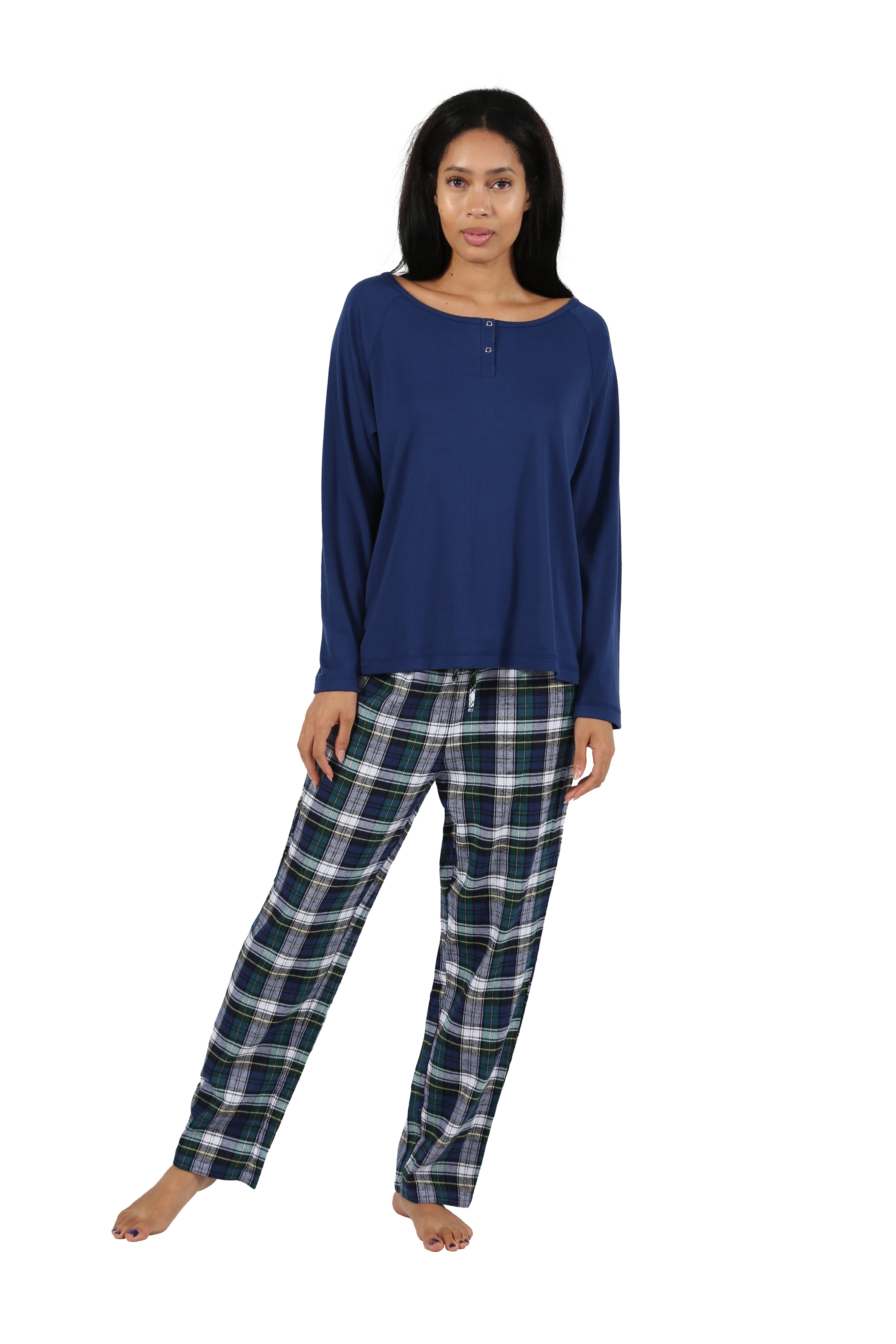 Cotton Knit Top With Flannel Pajama Set - La Cera