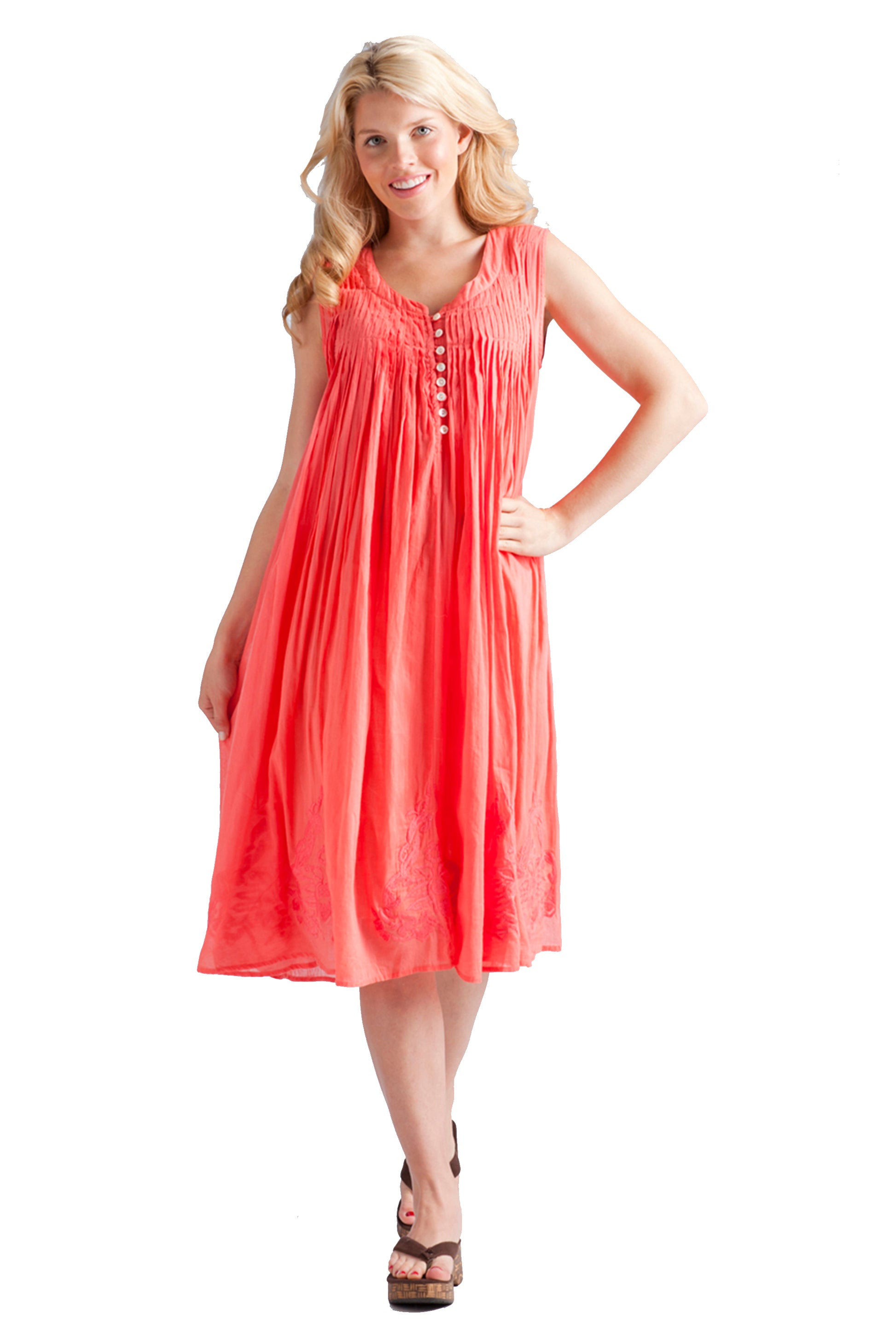 La Cera | Women Coral Sleeveless Dress Hem Embroidery | Size: L