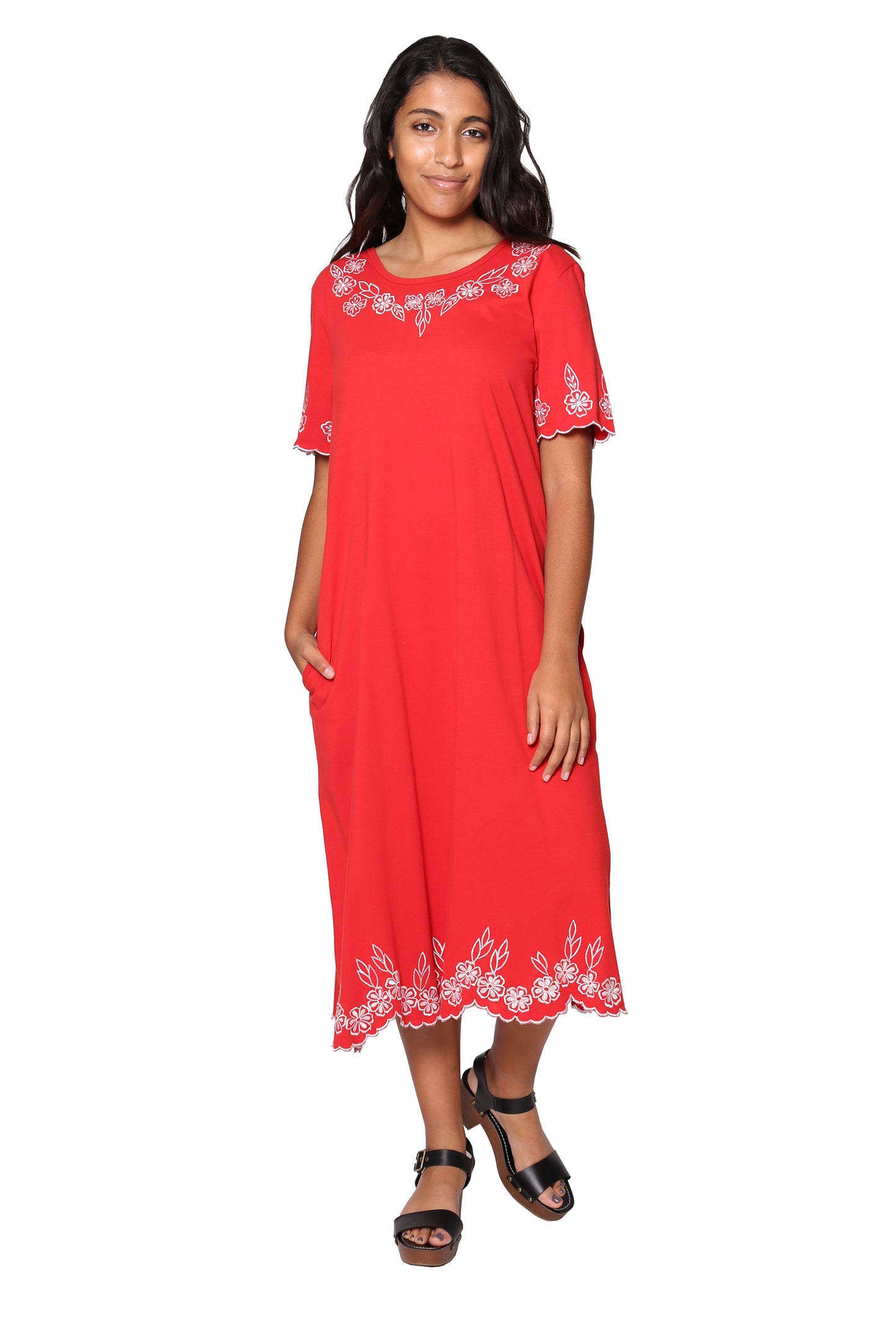 La Cera 100% Cotton Knit Embroidered A-Line Dress - La Cera
