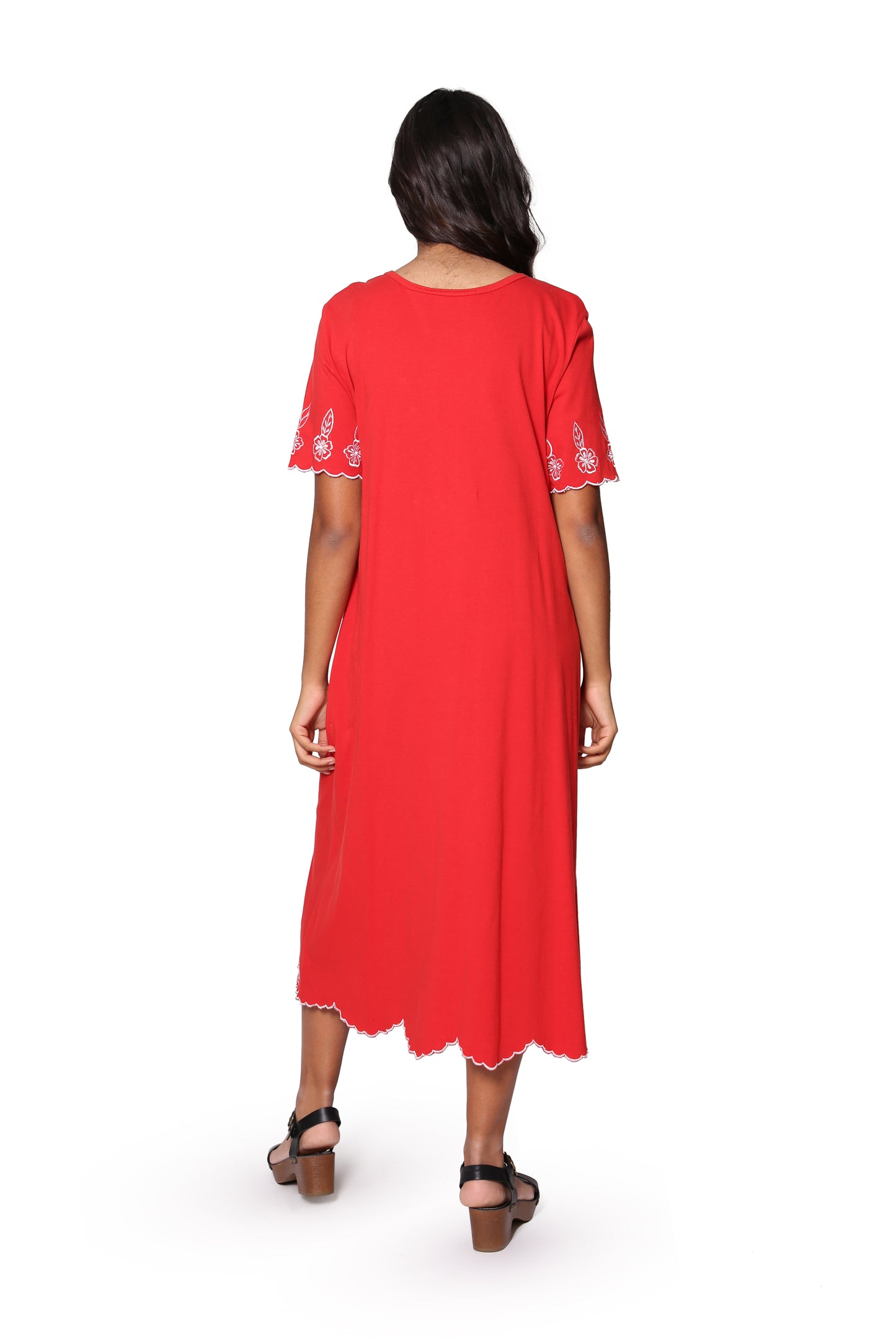 La Cera 100% Cotton Knit Embroidered A-Line Dress - La Cera