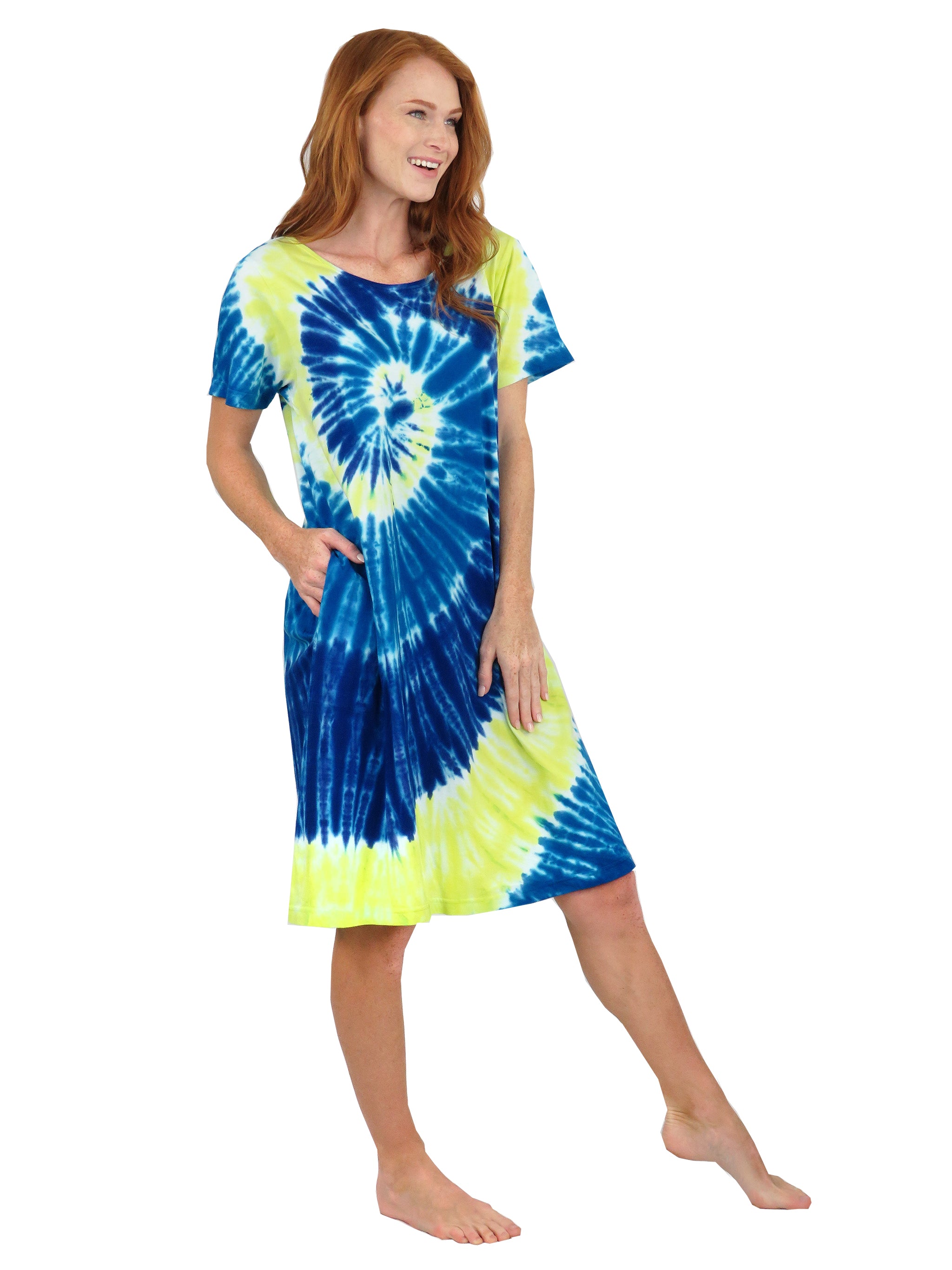 La Cera Cotton Knit Short Sleeve Blue Yellow Tie-Dye Dress, XL