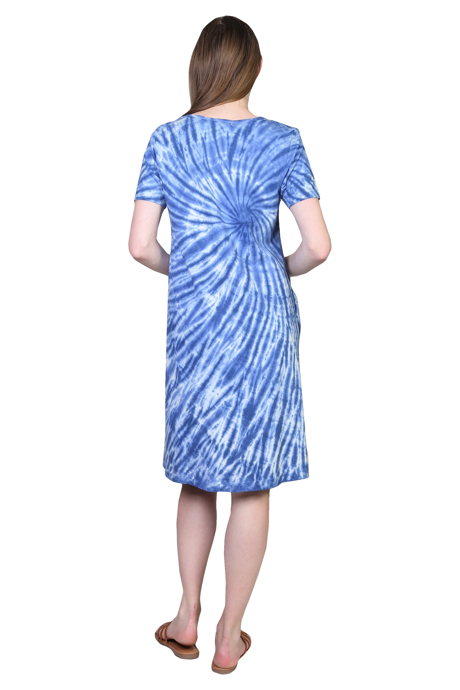 La Cera Cotton Knit Short Sleeve Blue Tie-Dye Dress - La Cera
