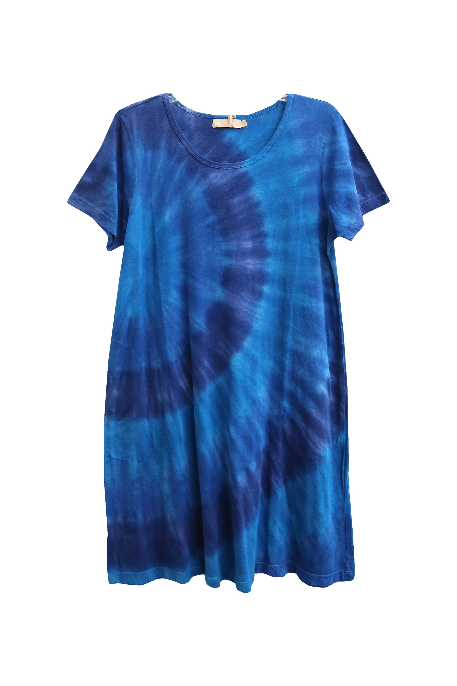 La Cera Cotton Knit Short Sleeve Denim Blue Tie-Dye Dress - Plus Size - La Cera