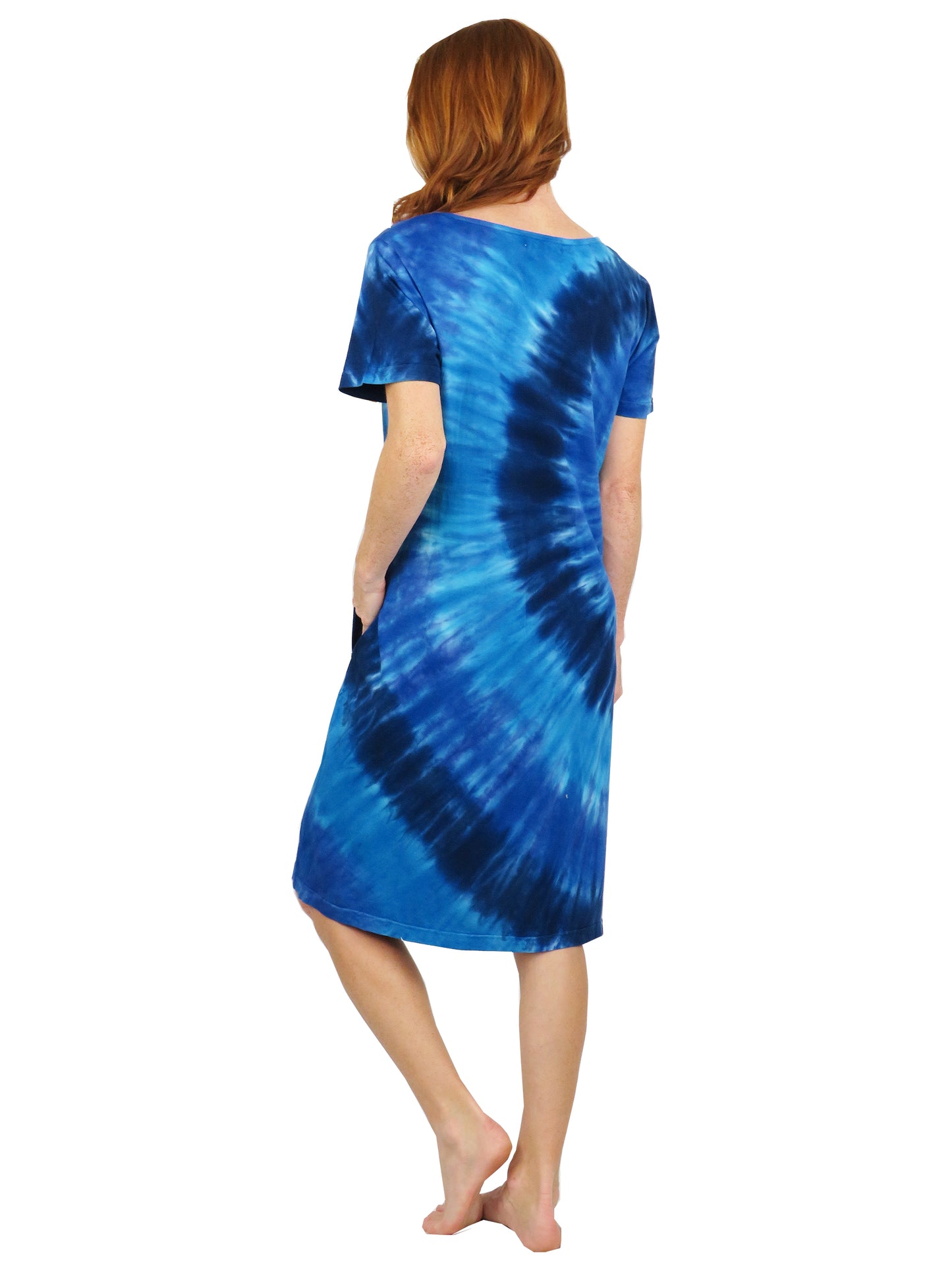 La Cera Cotton Knit Short Sleeve Denim Blue Tie-Dye Dress - La Cera