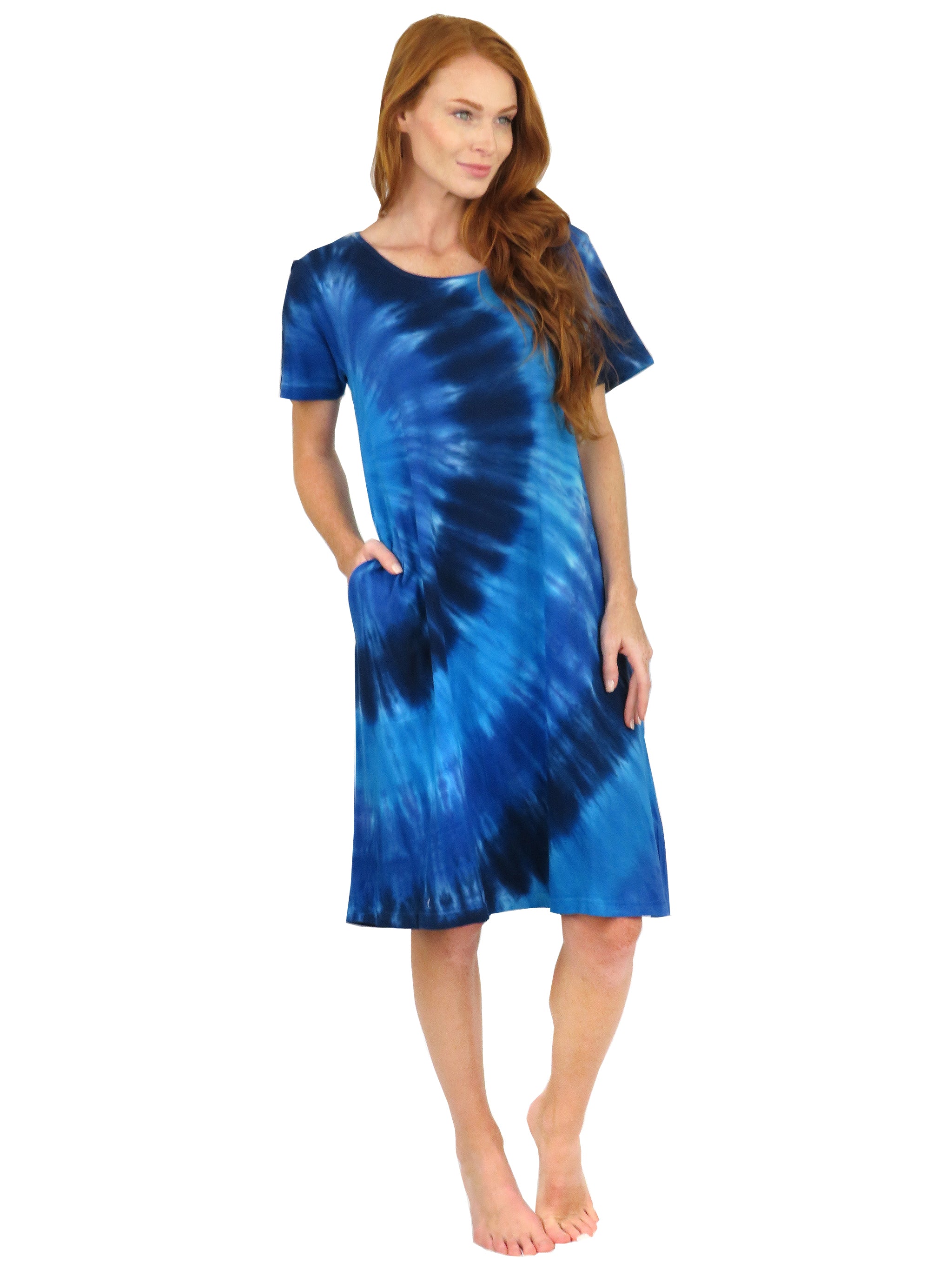 La Cera Cotton Knit Short Sleeve Denim Blue Tie-Dye Dress - La Cera