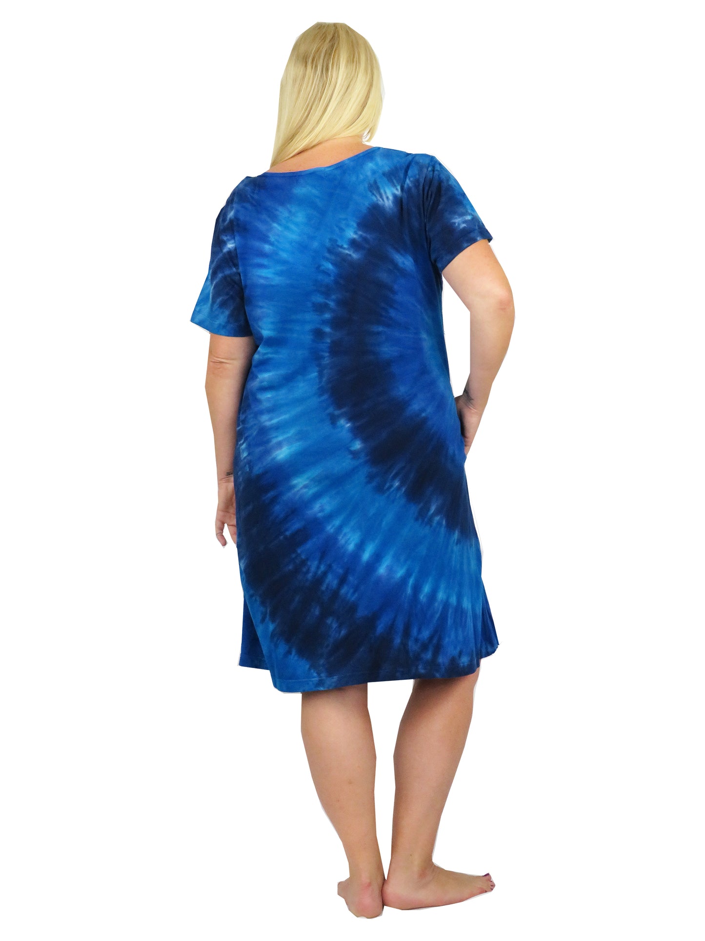 La Cera Cotton Knit Short Sleeve Denim Blue Tie-Dye Dress - Plus Size - La Cera