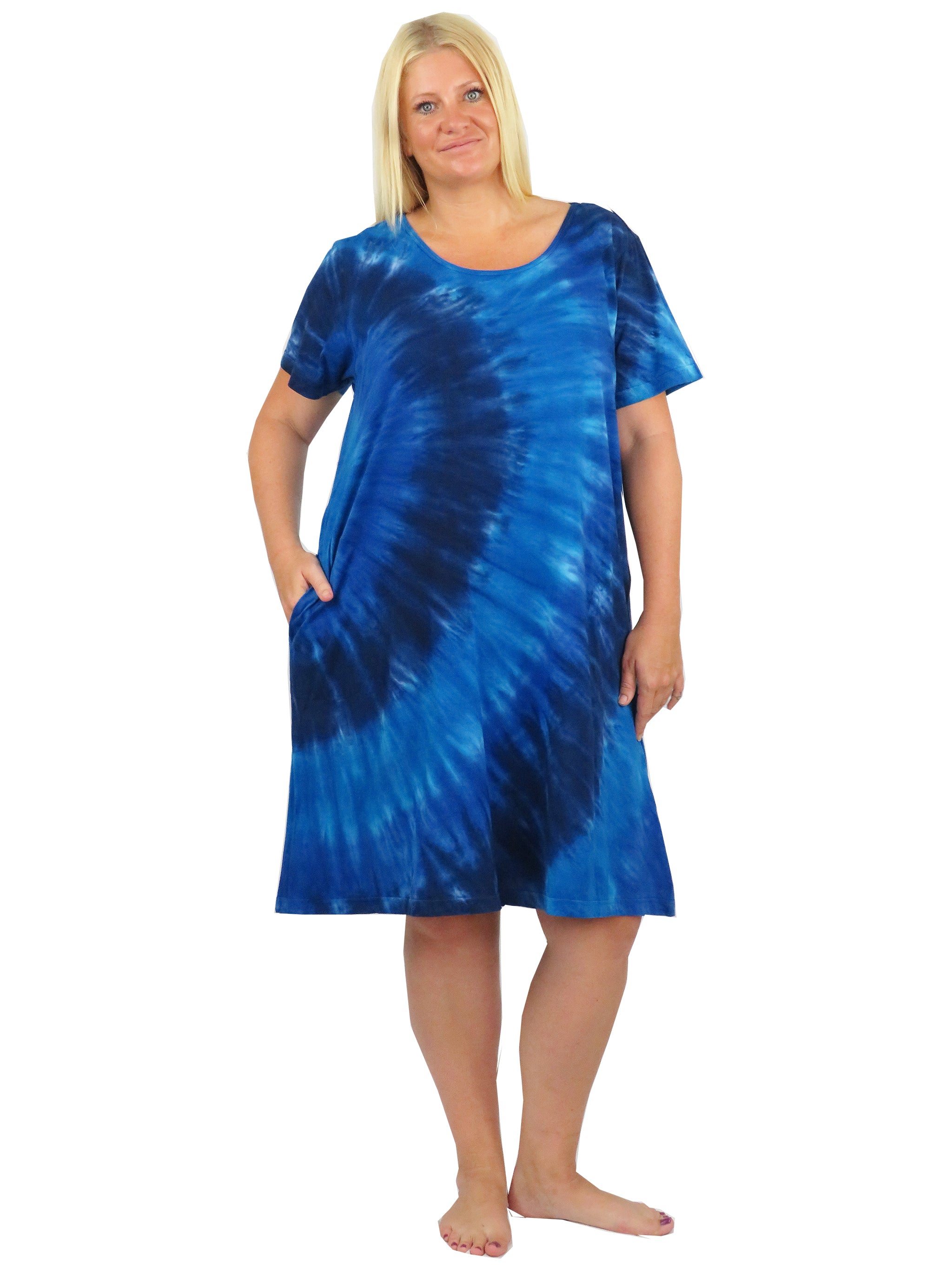 La Cera Cotton Knit Short Sleeve Denim Blue Tie-Dye Dress - Plus Size - La Cera