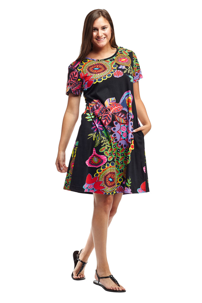 La Cera Novelty Floral Print Short Sleeve Dress - La Cera