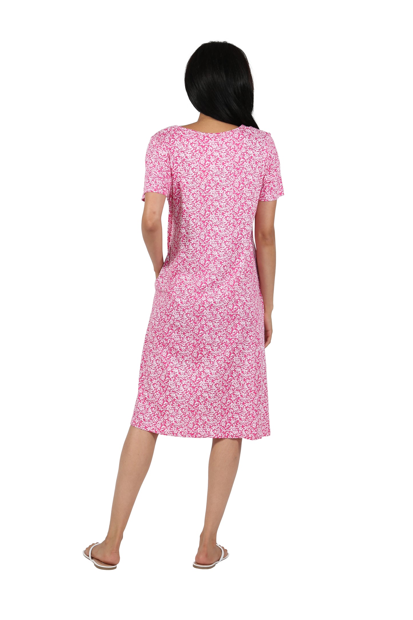 Short Sleeve Cotton Knit Floral A-Line Dress - La Cera
