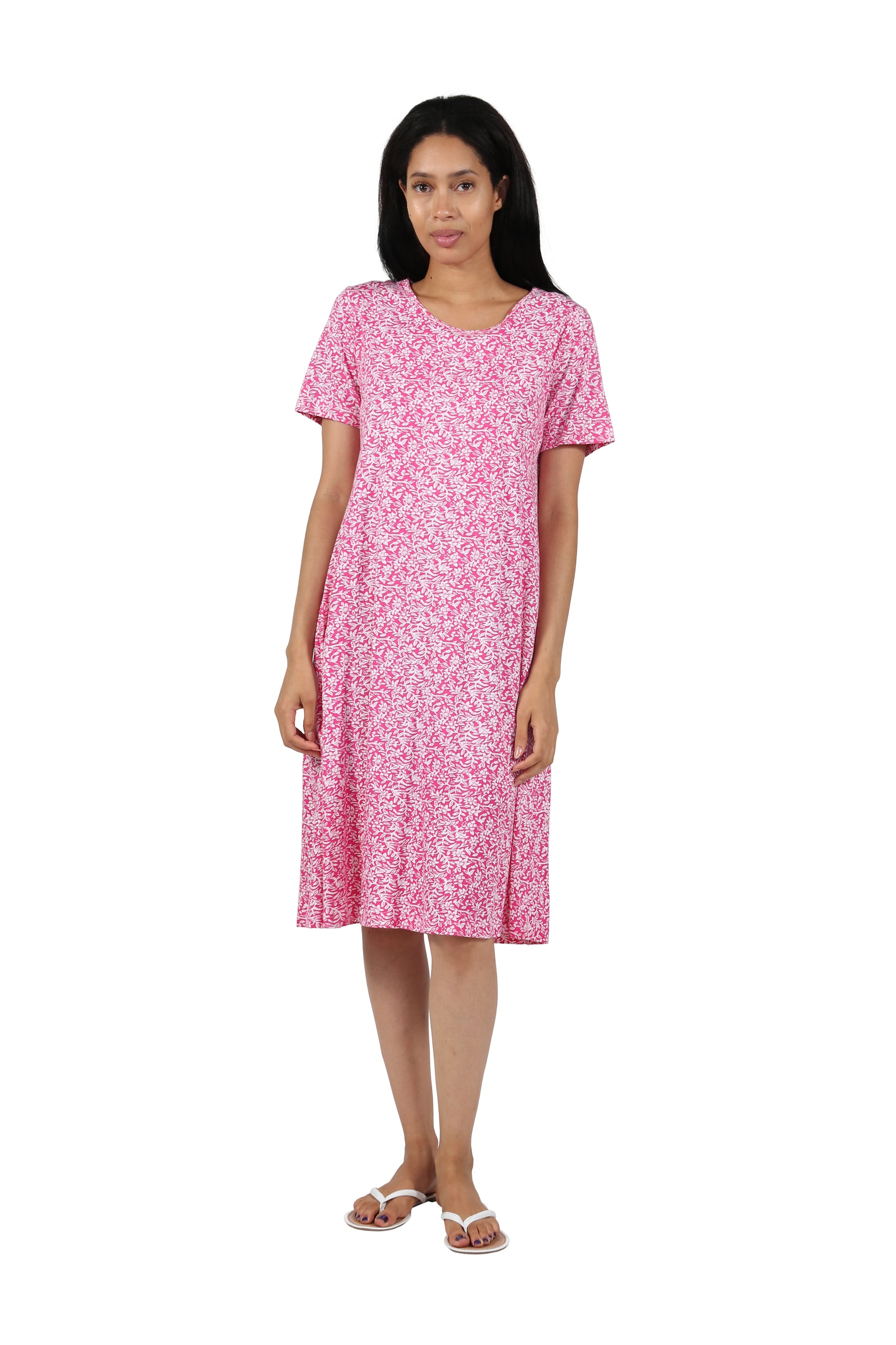 knee length dresses for ladies La Cera Short Sleeve Cotton Knit Floral A-Line Dress, S / Fuschia