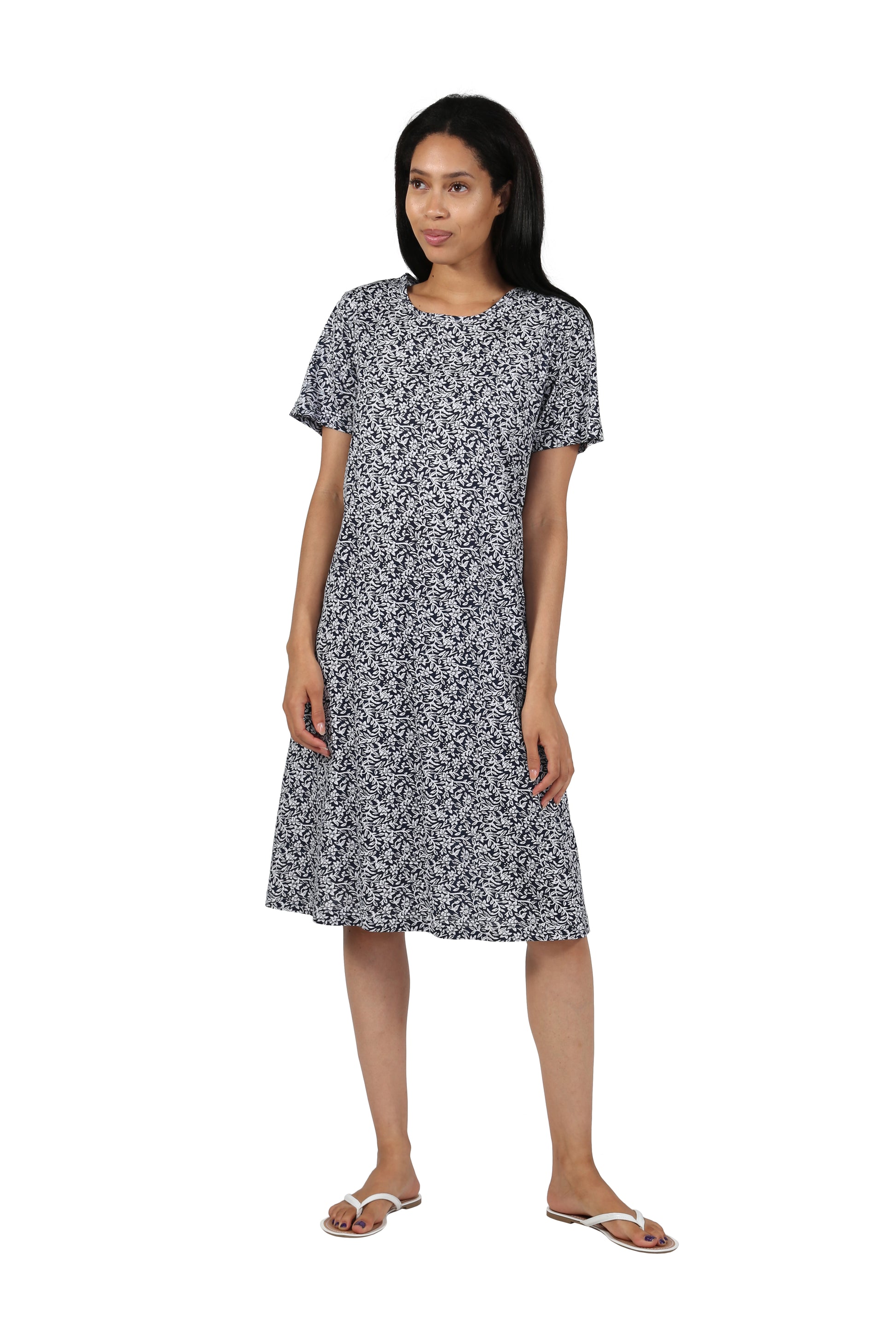 Short Sleeve Cotton Knit Floral A-Line Dress M / Navy