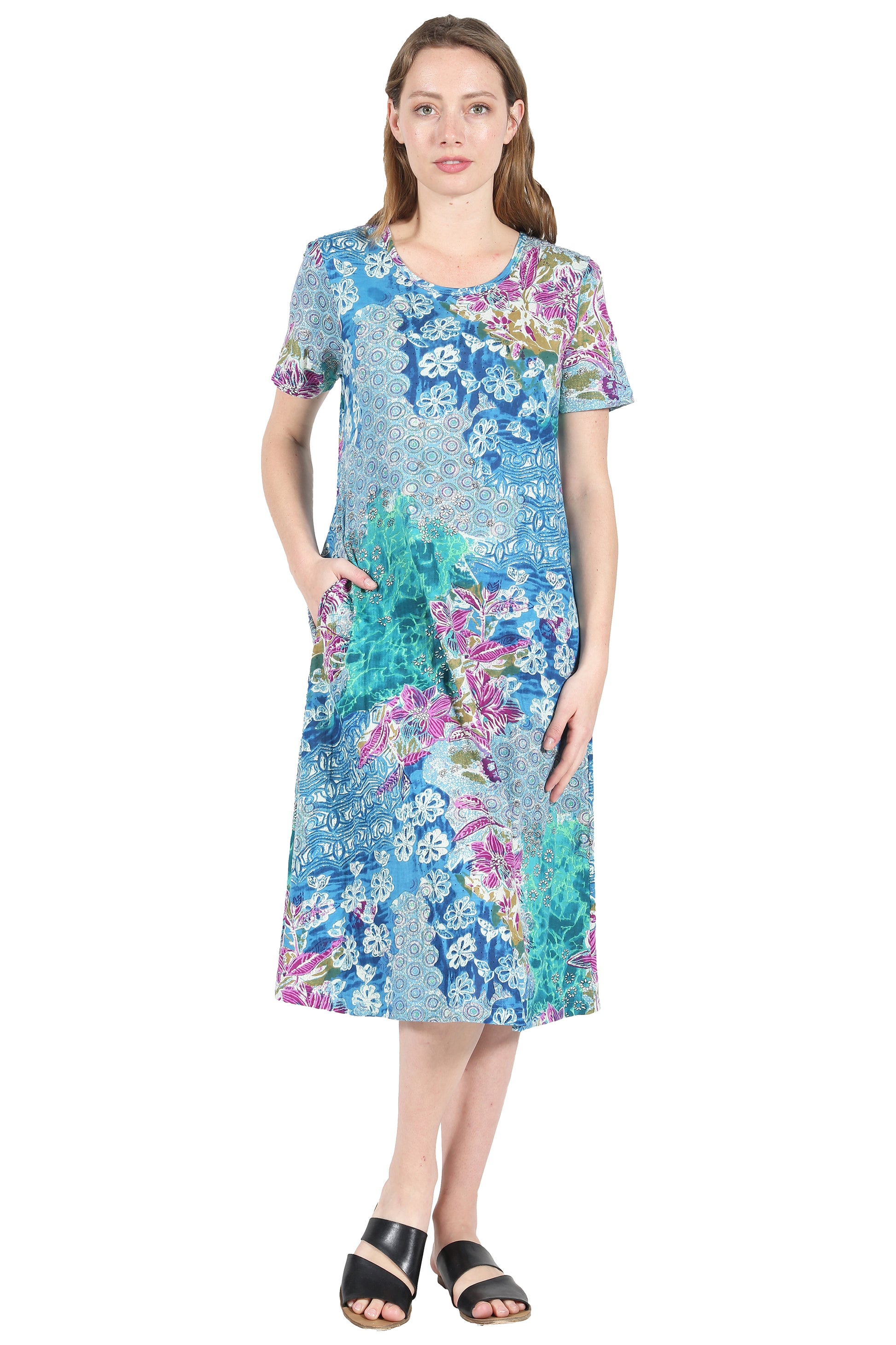 La Cera Cotton Floral Jersey Knit A-Line Dress, L