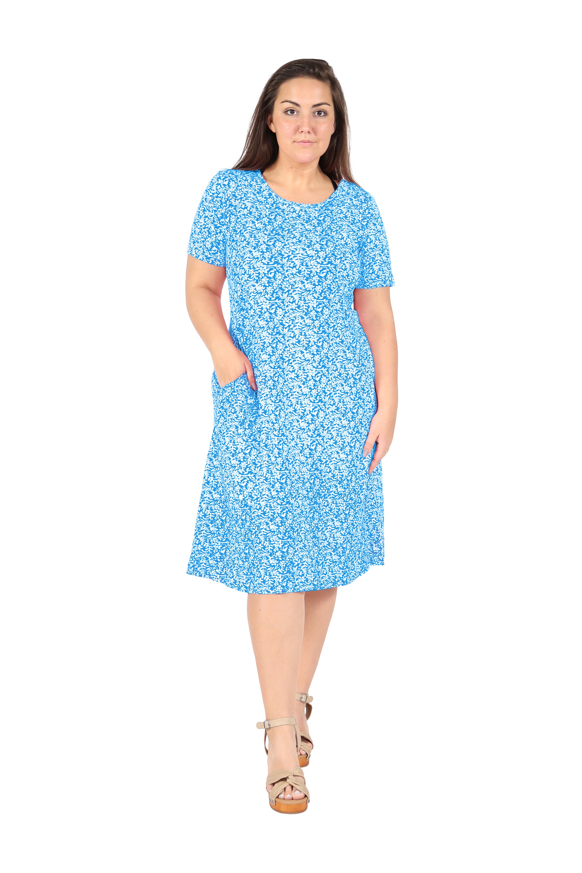 Short Sleeve Cotton Knit Floral A-Line Dress M / Turq