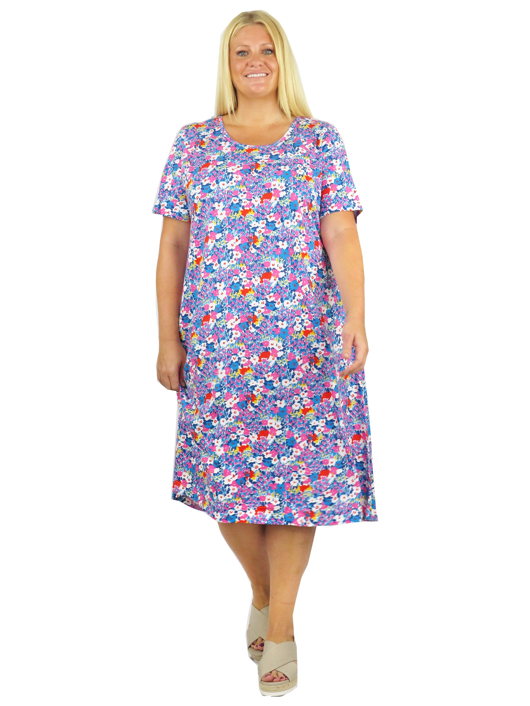 Plus Size Turq/Pink Floral Cotton Jersey A-line Dress - La Cera