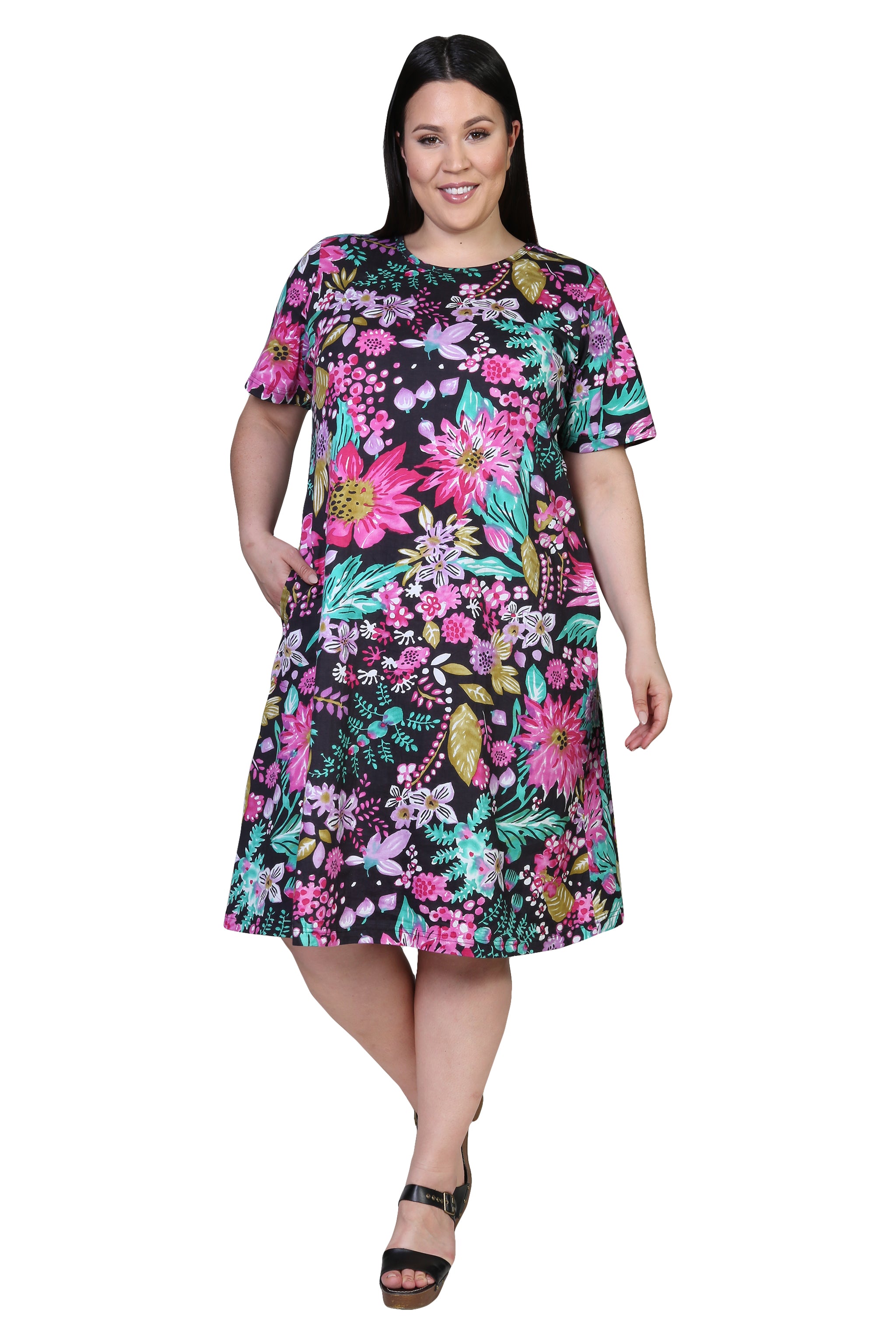 La Cera Black and Fuchsia Plus Size A-Line Knit Dress - La Cera
