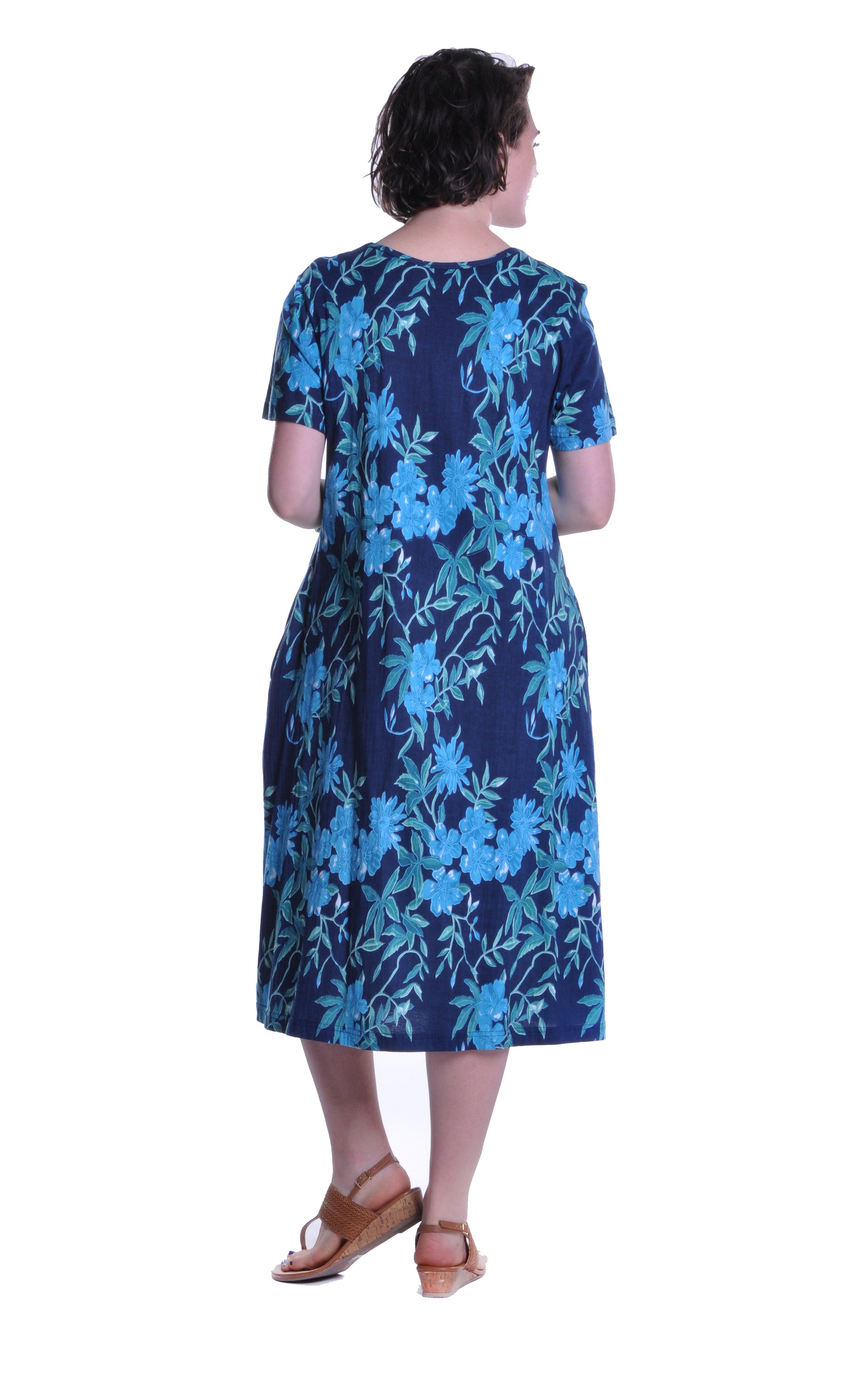 La Cera Navy Floral Print A-Line Dress - La Cera