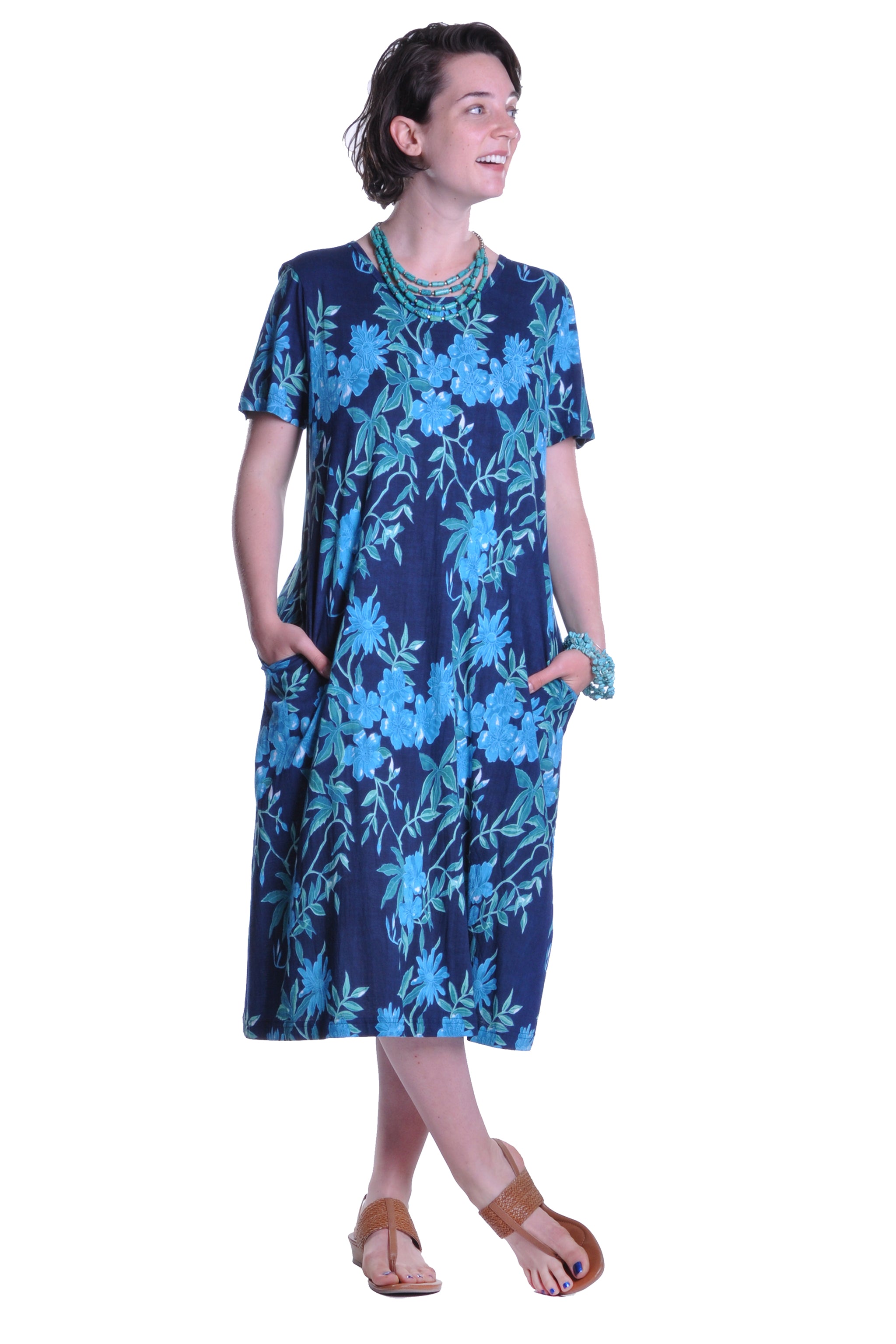 La Cera Navy Floral Print A-Line Dress - La Cera