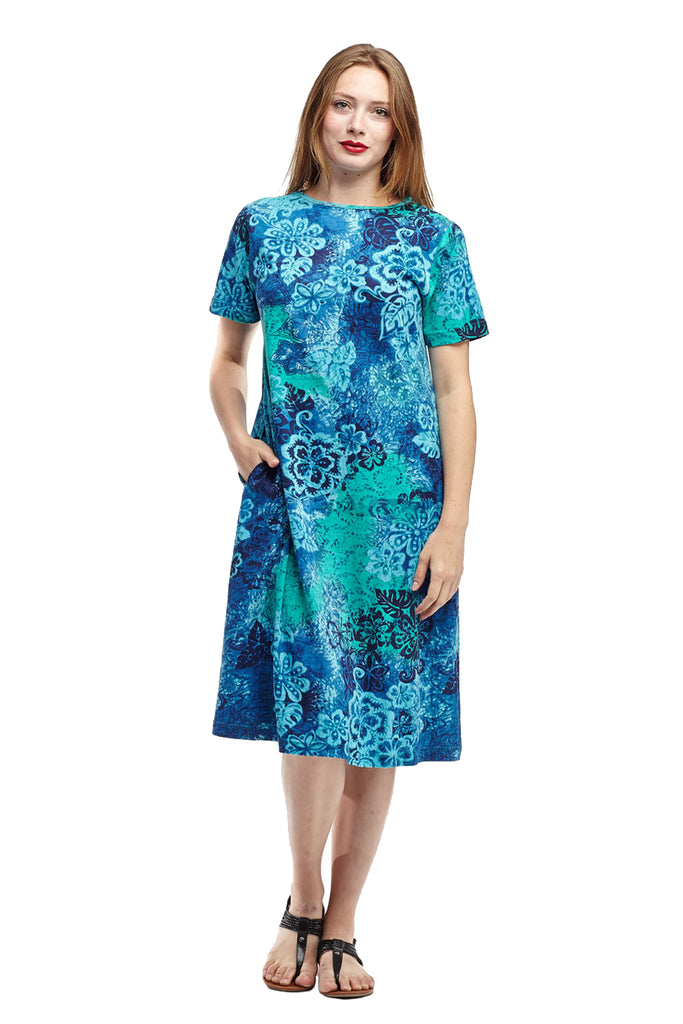 La Cera Blue Floral Print A-Line Dress - La Cera