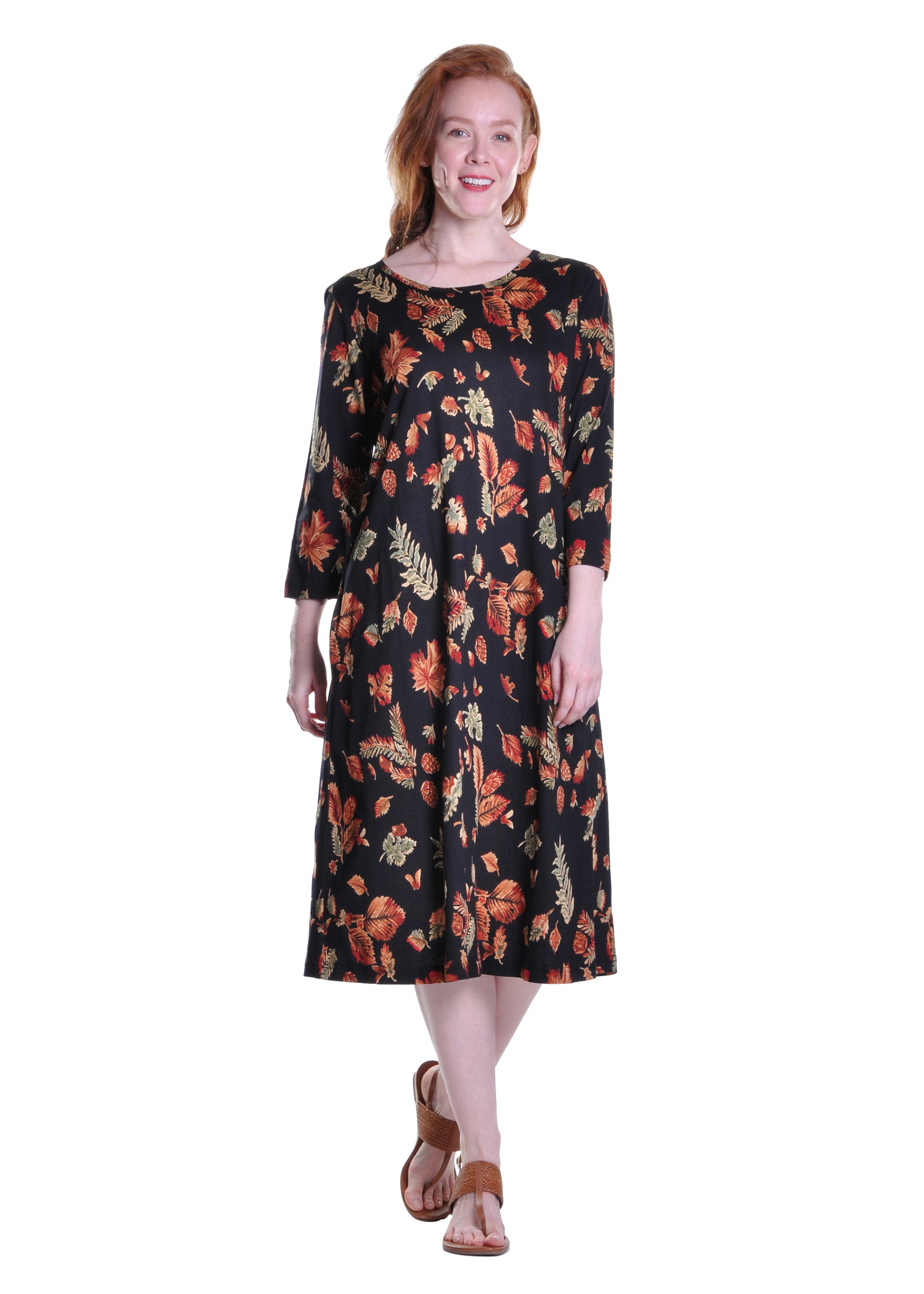 La Cera Cotton Falling Leaves Print Jersey Dress - La Cera