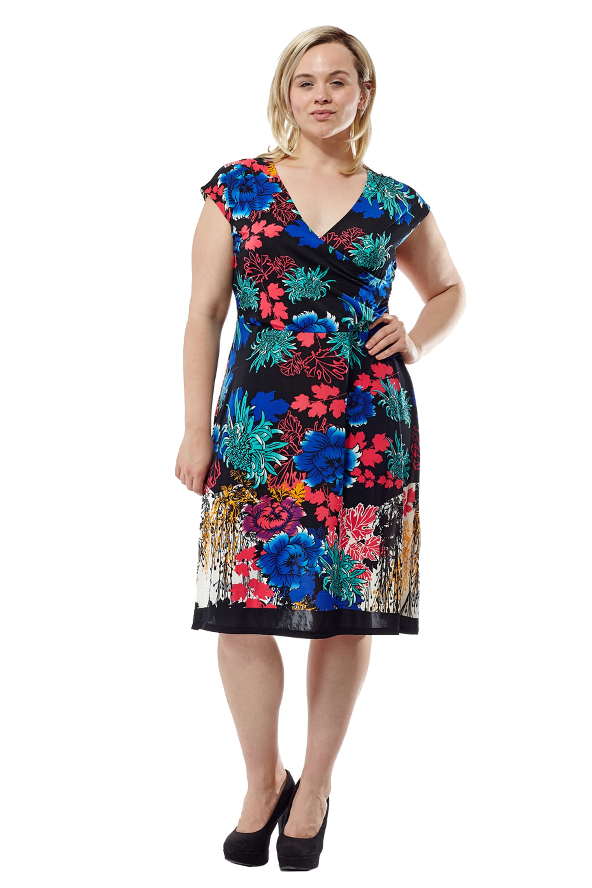 La Cera Plus Size Multi Print Cross-Over Front Dress - La Cera