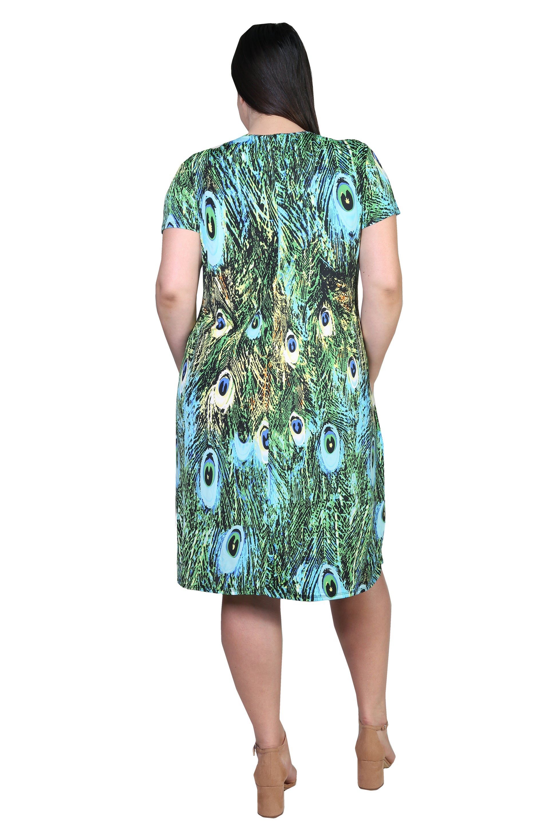 La Cera Plus Size Peacock Print Short Sleeve Dress - La Cera
