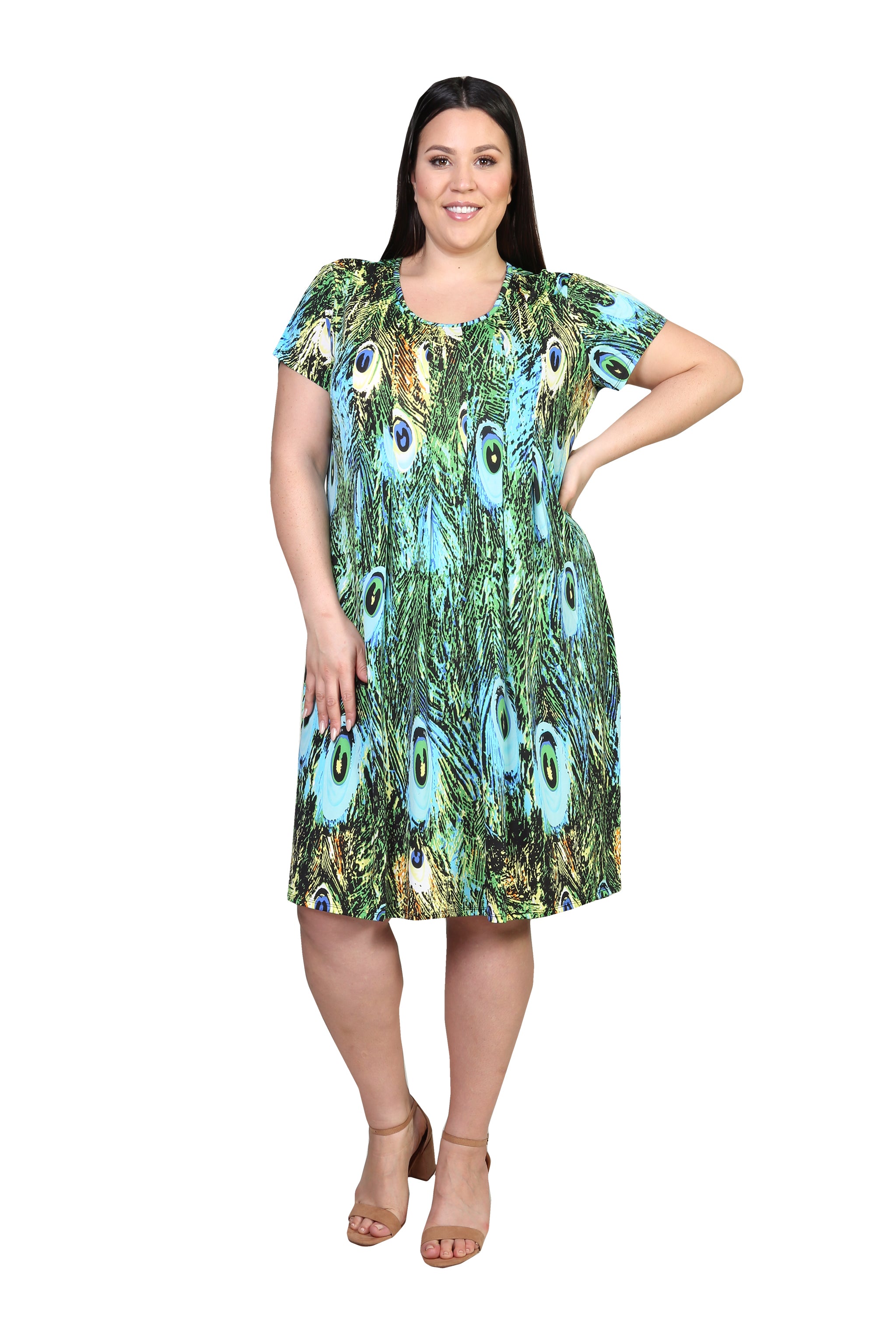 La Cera Plus Size Peacock Print Short Sleeve Dress - La Cera