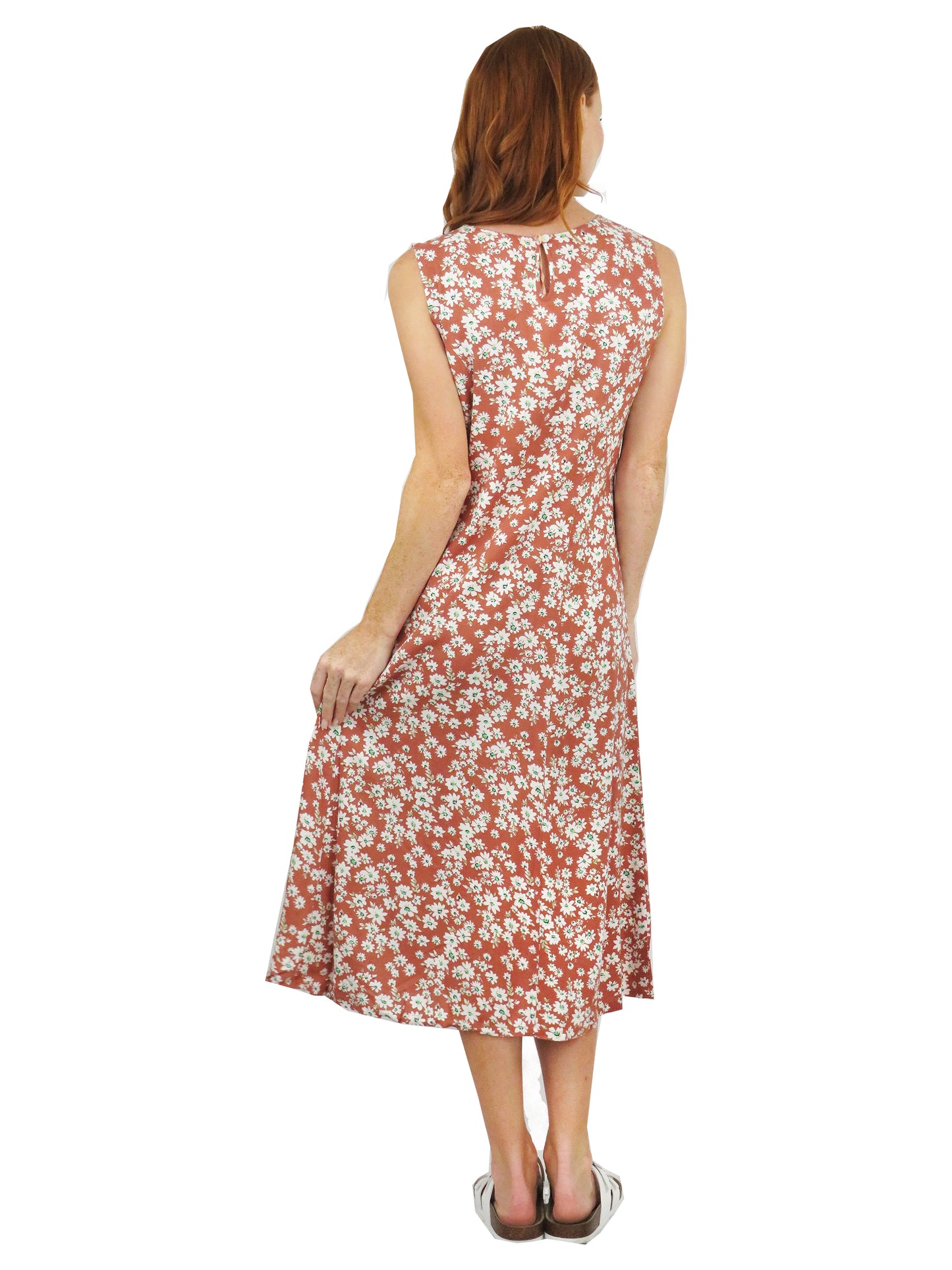 Vestido evasé de rayón con estampado floral canela