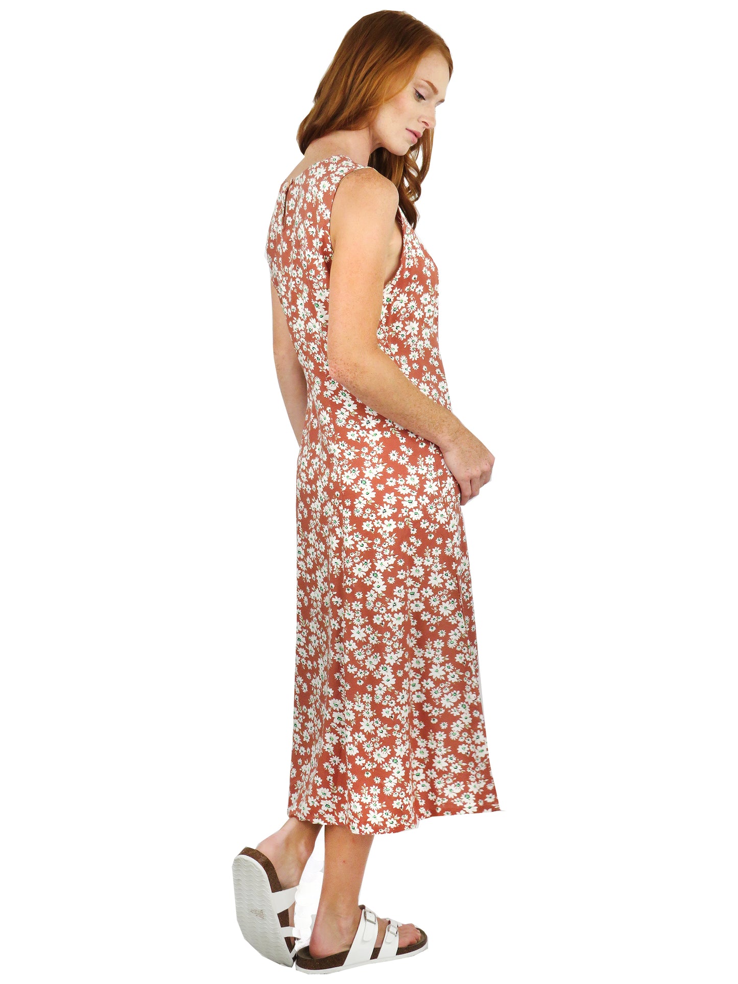 Vestido evasé de rayón con estampado floral canela