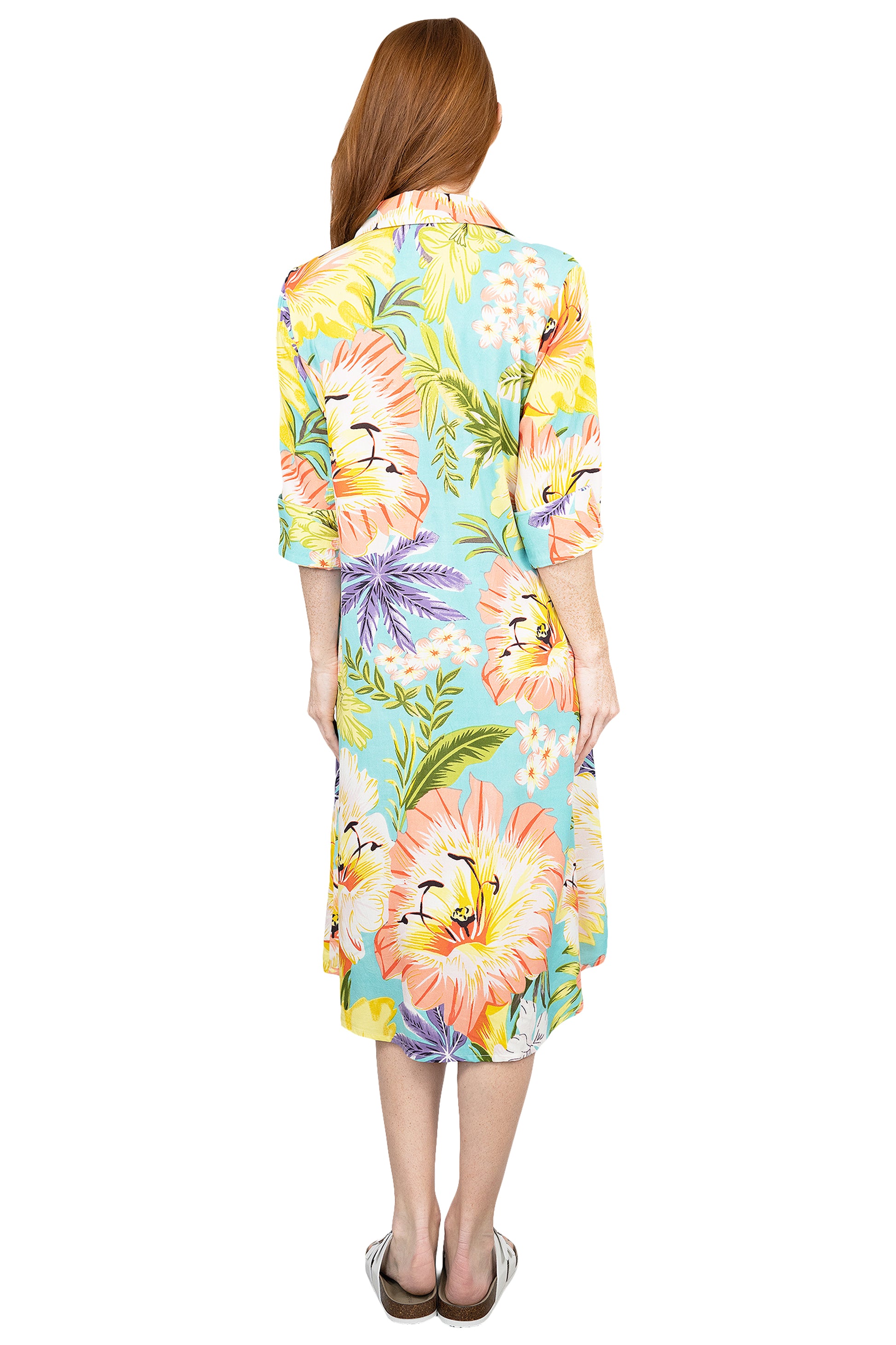 La Cera Tropical Floral Printed Button-Down Shirt Dress - La Cera