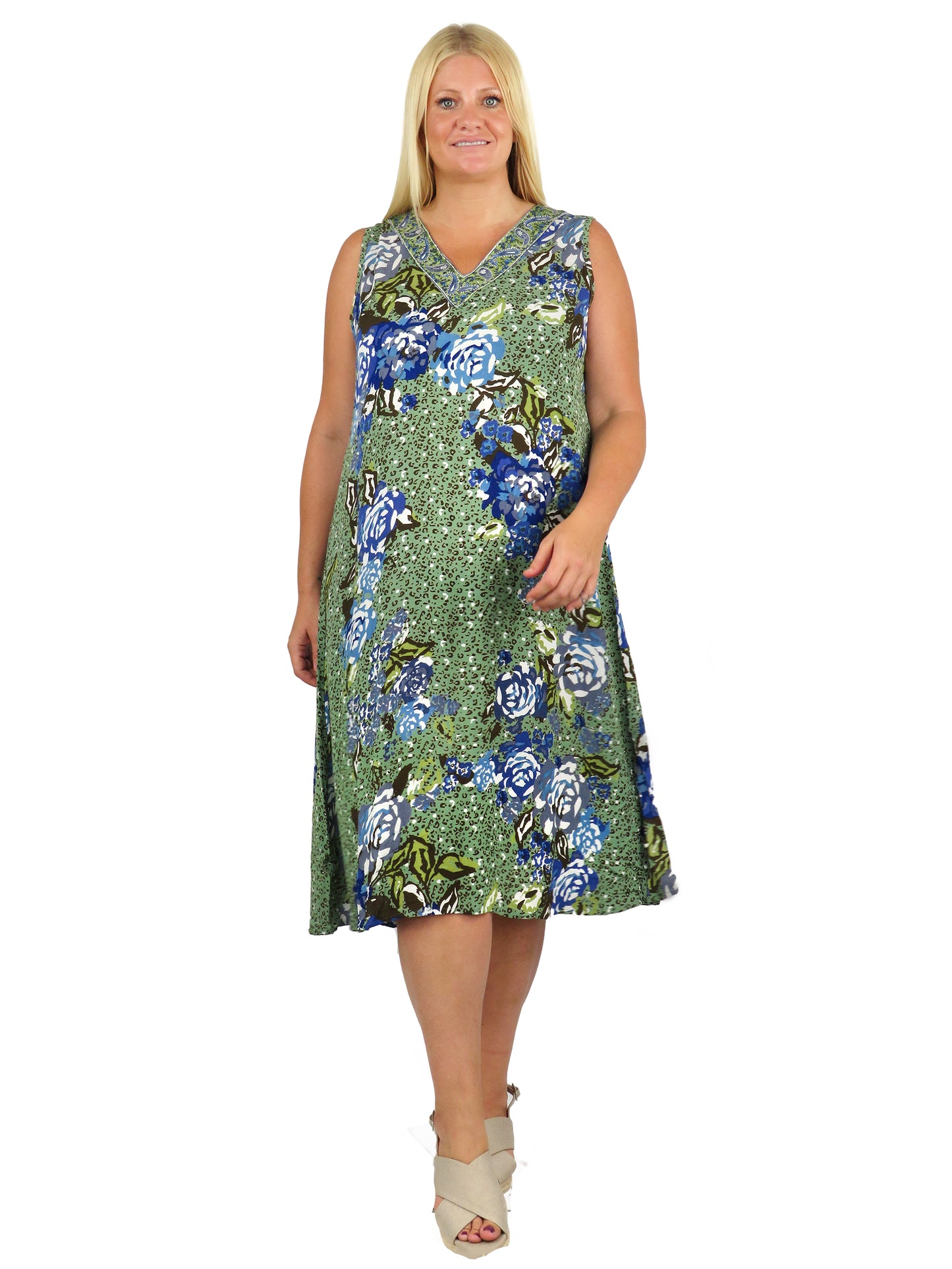 Vestido floral artístico sin mangas con cuello en V La Cera - Talla grande