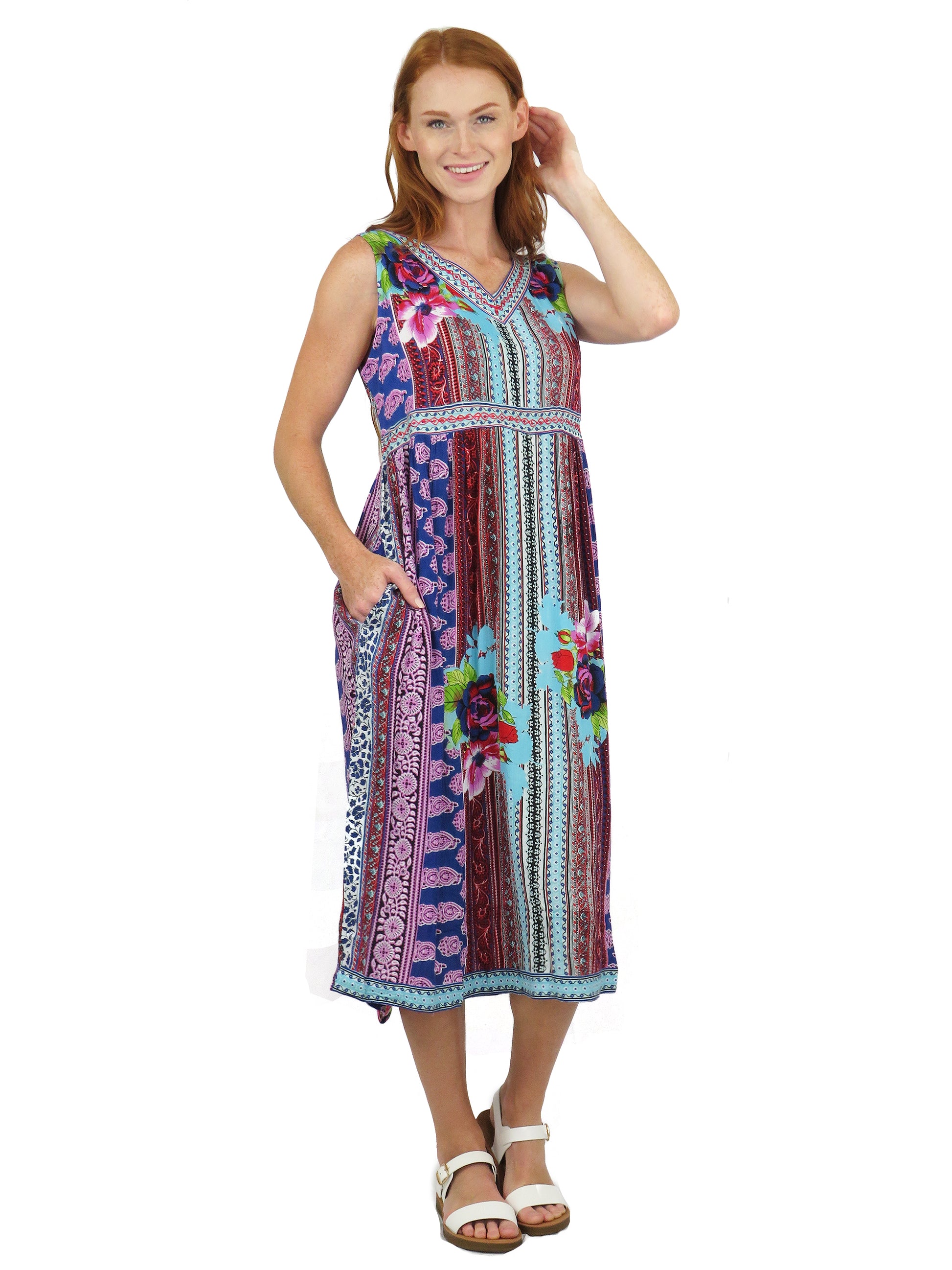 La Cera V-Neckline Empire Waist Border Print Dress, XL