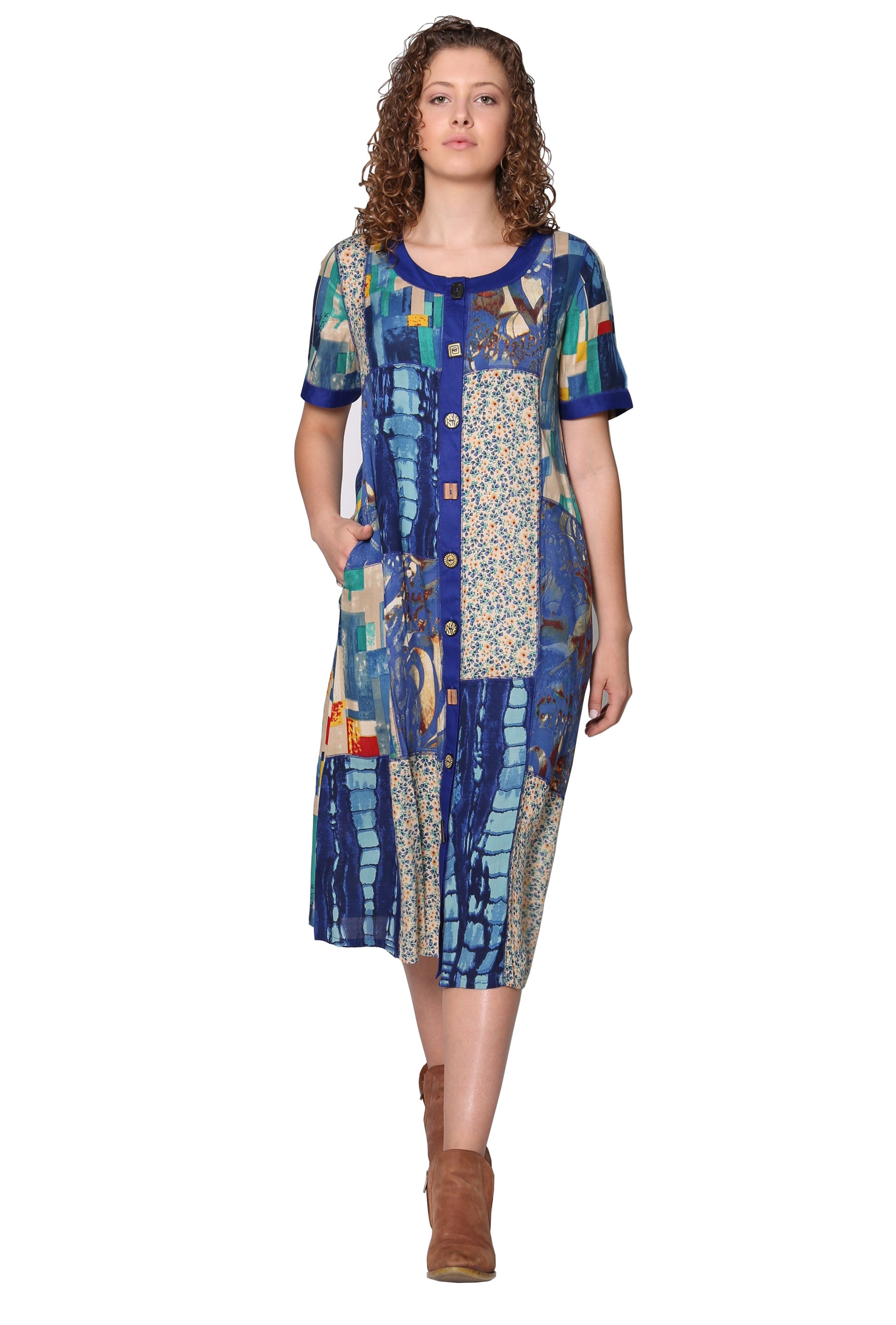 Novelty Button Patchwork Rayon Print Dress - La Cera