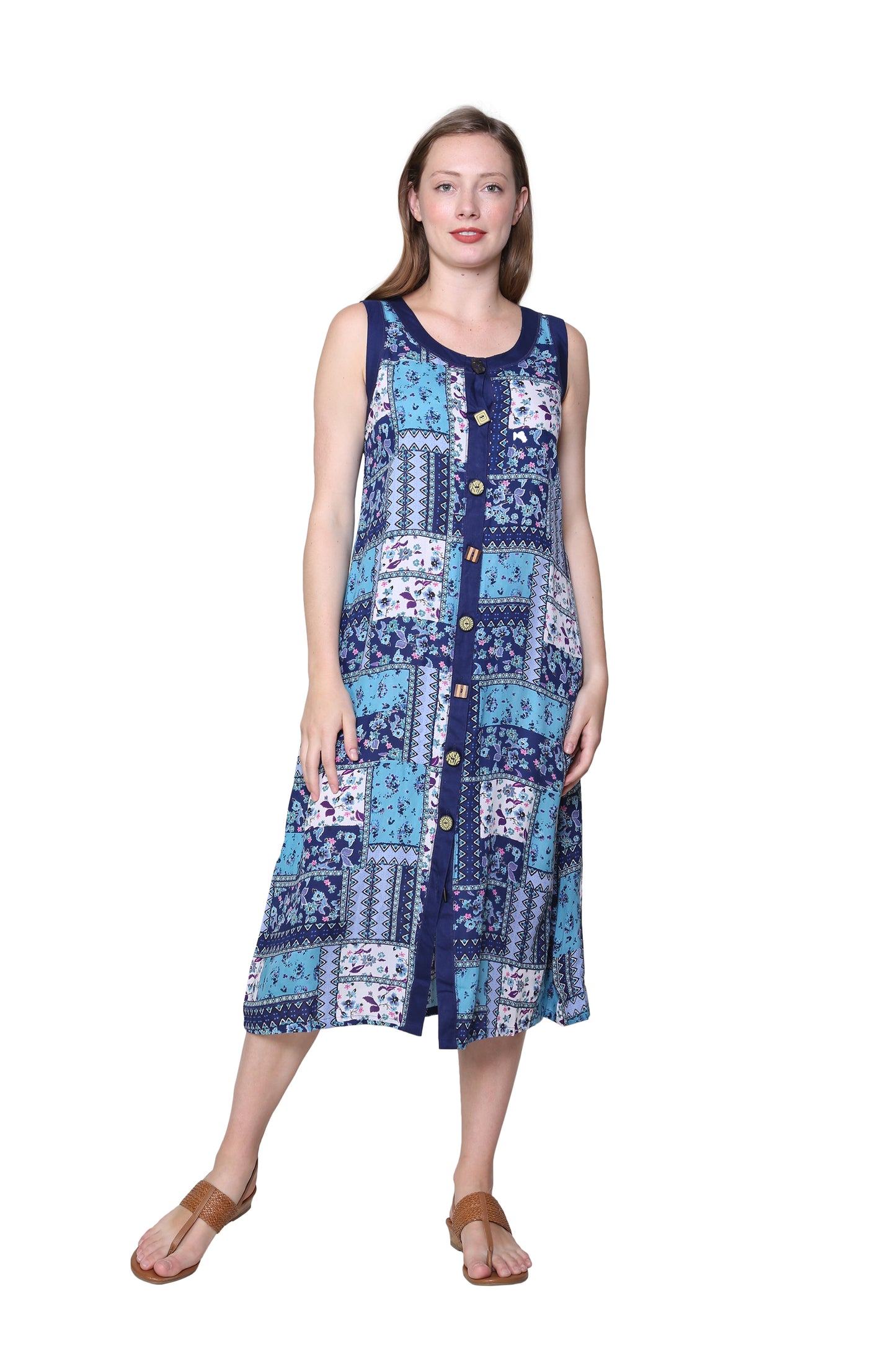 Vestido con estampado de rayón y patchwork con botones novedosos